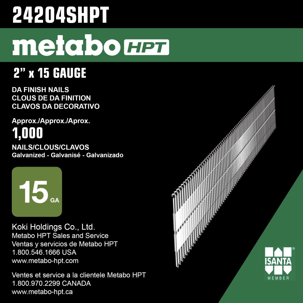 Clavos de acabado galvanizados electro con ángulo de 15 grados, calibre 15, en caja de 1000 - Metabo HPT 24204SHPT.