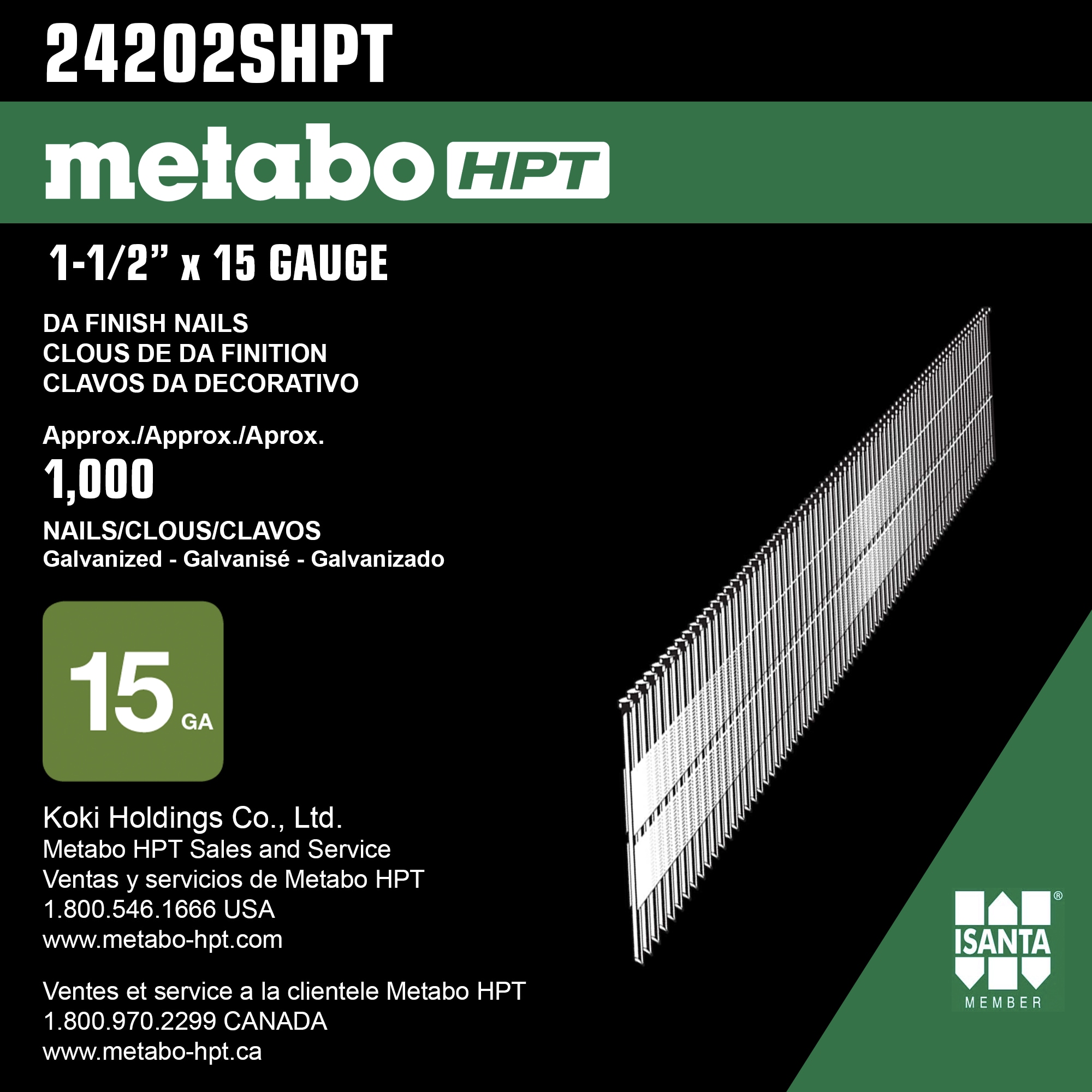 Clavos Acabado Electrogalvanizado Colados en Ángulo de Calibre 15 de 1-1/2 pulgadas - Caja de 1000 - Metabo HPT 24202S