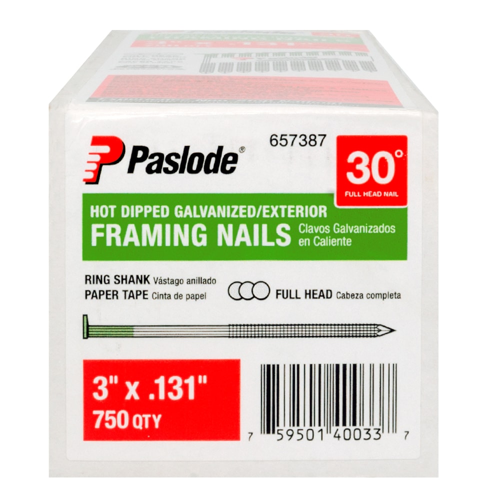 Clavos para armazón encolados, con anillo, galvanizados en caliente, de 3 pulgadas x 0.131 pulgadas, ángulo de 30 grados (750 por caja) 657387