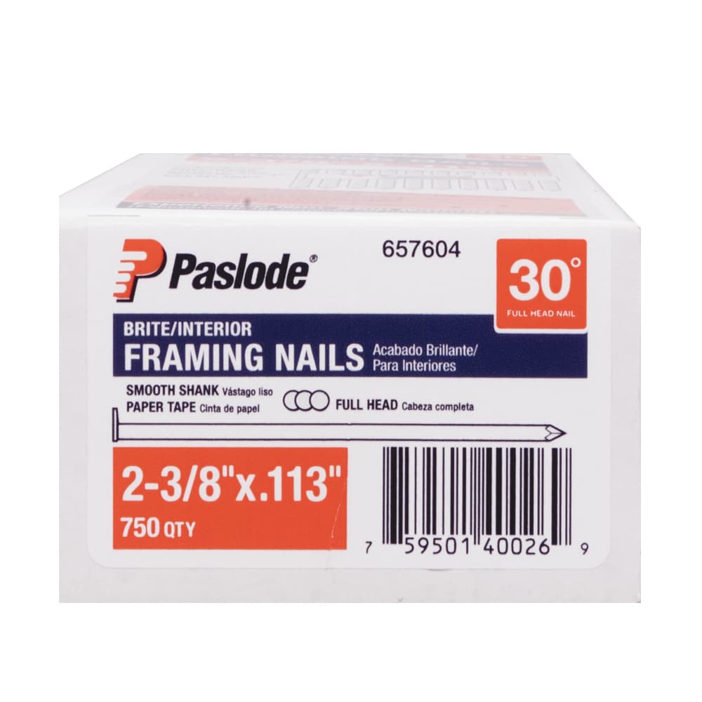 Clavos para armazón de 30 grados, liso y brillante de 2-3/8 pulgadas x 0.113 pulgadas (750 por caja) Paslode 657604.