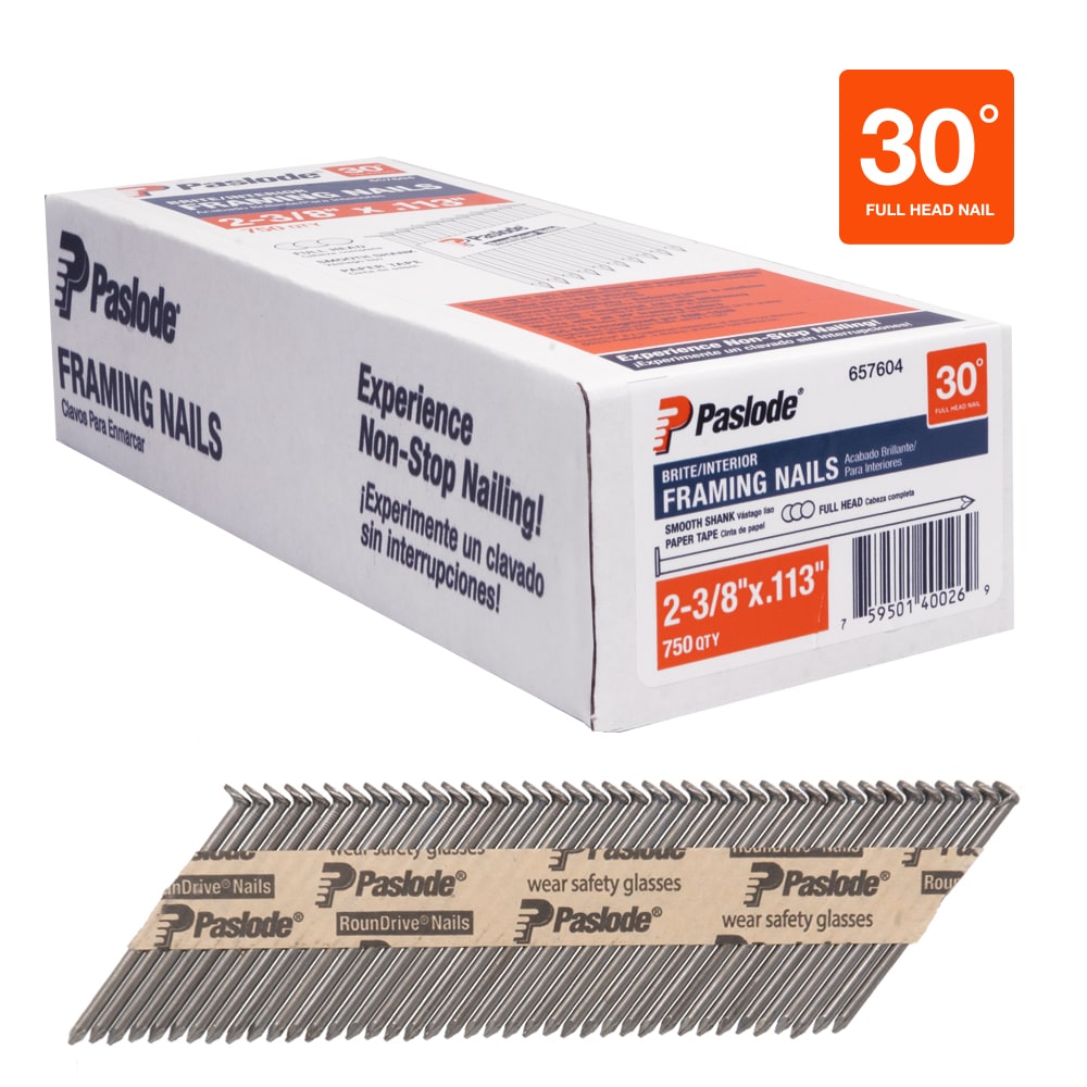 Clavos para armazón de 30 grados, liso y brillante de 2-3/8 pulgadas x 0.113 pulgadas (750 por caja) Paslode 657604.