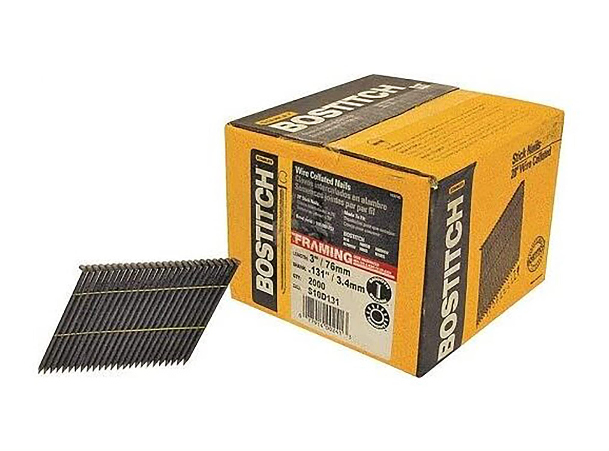 Clavos para construcción en franjas Bostitch de 3 pulgadas x 0.131 pulgadas, 28 grados, de brillo suave (2000 por caja) S10D131-FH.