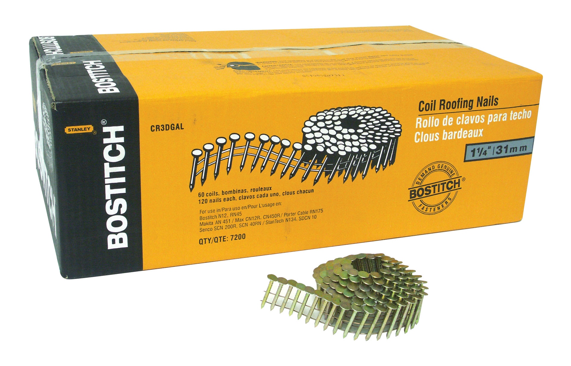 Clavos para techado en bobina galvanizados de 1-1/4 pulgadas, 15 grados, sin aristas - Caja de 7200 unidades