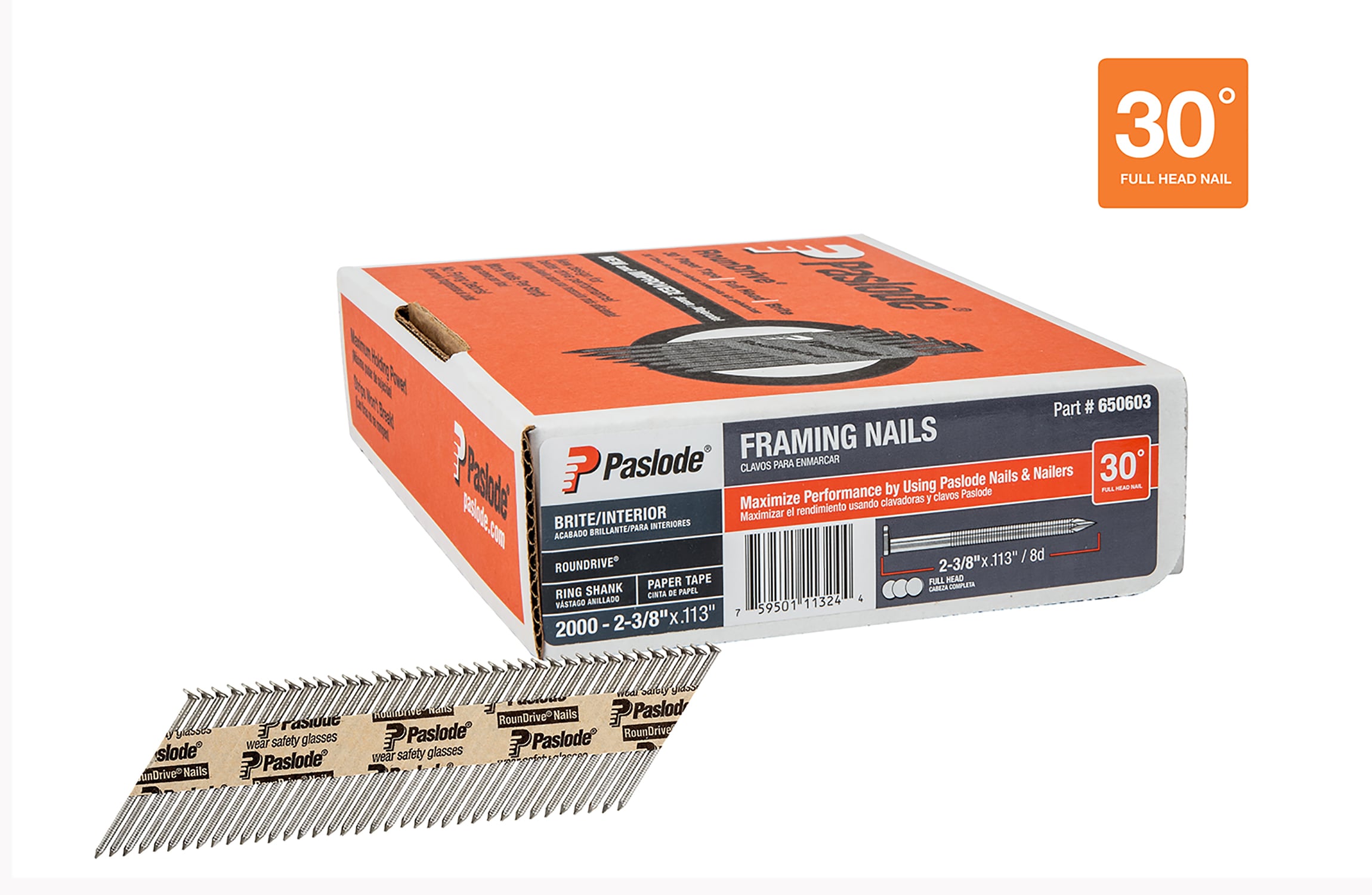 Clavos para armazones colados Paslode de 30° 2-3/8 pulgadas x 0.113 pulgadas (96000 por pallet) 650603X