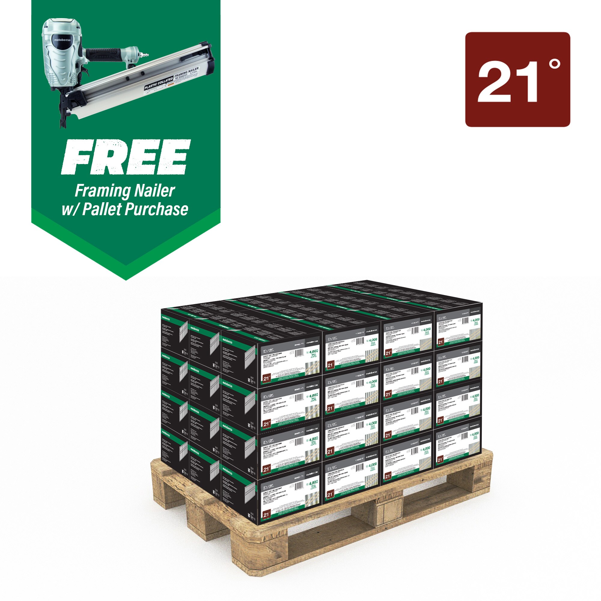 Clavos de armazón de 21 grados con anillo brillante de 2-3/8 pulgadas x 0.113 pulgadas, colados, Metabo HPT (240,000 por palet) 10103NR90AES1M