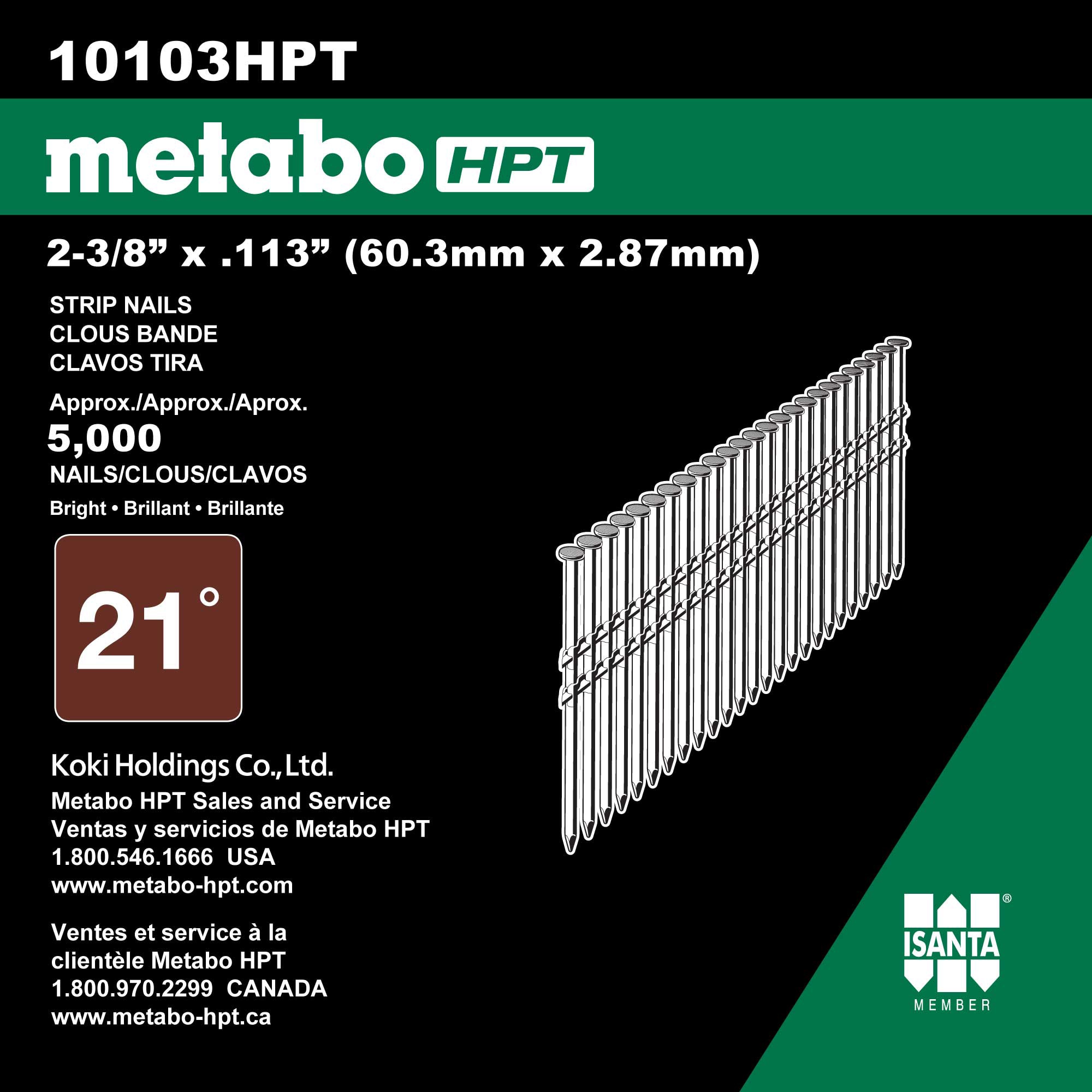 Clavos de armazón de 21 grados con anillo brillante de 2-3/8 pulgadas x 0.113 pulgadas, colados, Metabo HPT (240,000 por palet) 10103NR90AES1M