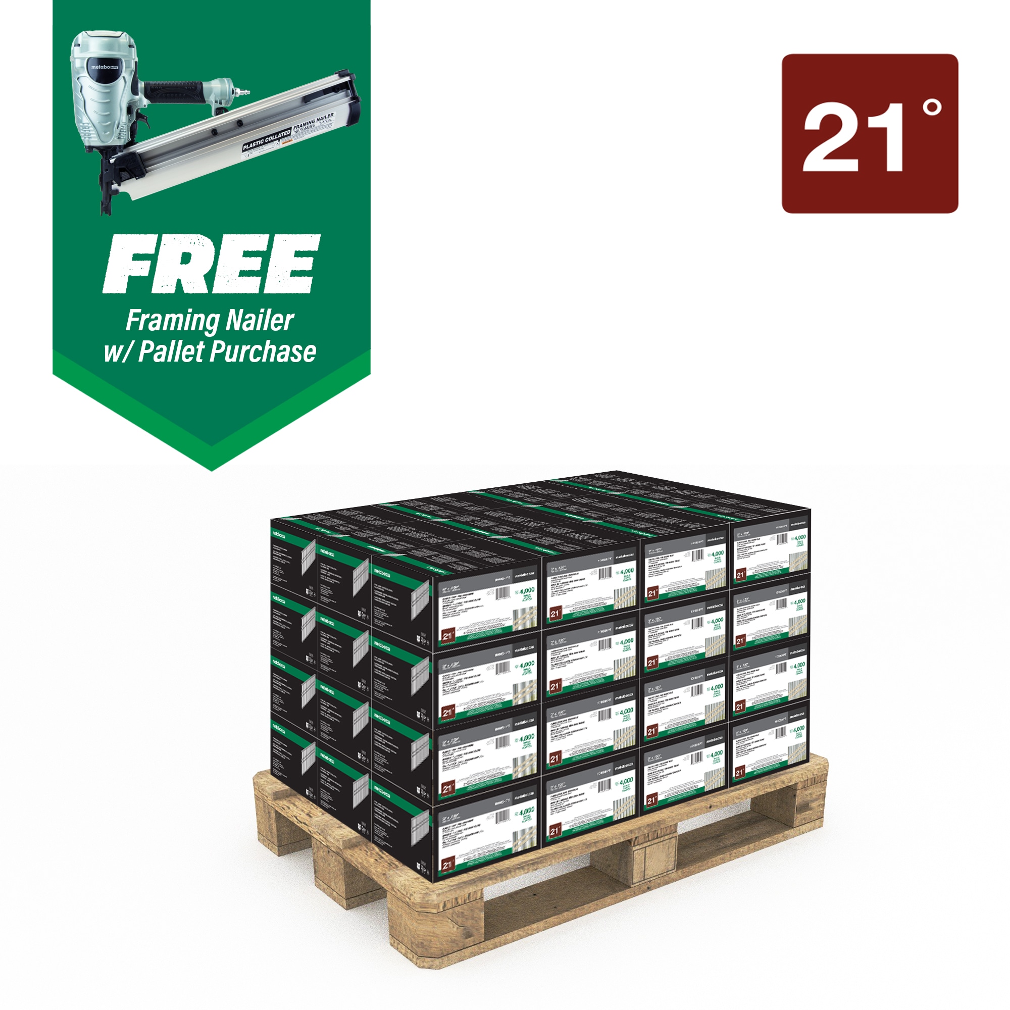 Clavos de armazón colacionados de vástago liso y brillante de 3 pulgadas x 0.131 pulgadas a 21 grados de Metabo HPT (192,000 por pallet) 10110NR90AES1M.