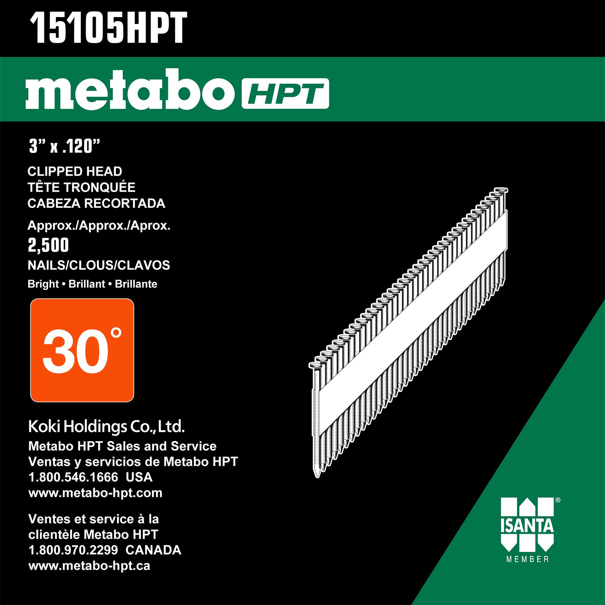 Clavos de armazón recubiertos en brillo de 30 grados, 0.12 pulgadas x 3 pulgadas, de Metabo HPT (210,000 por tarima)