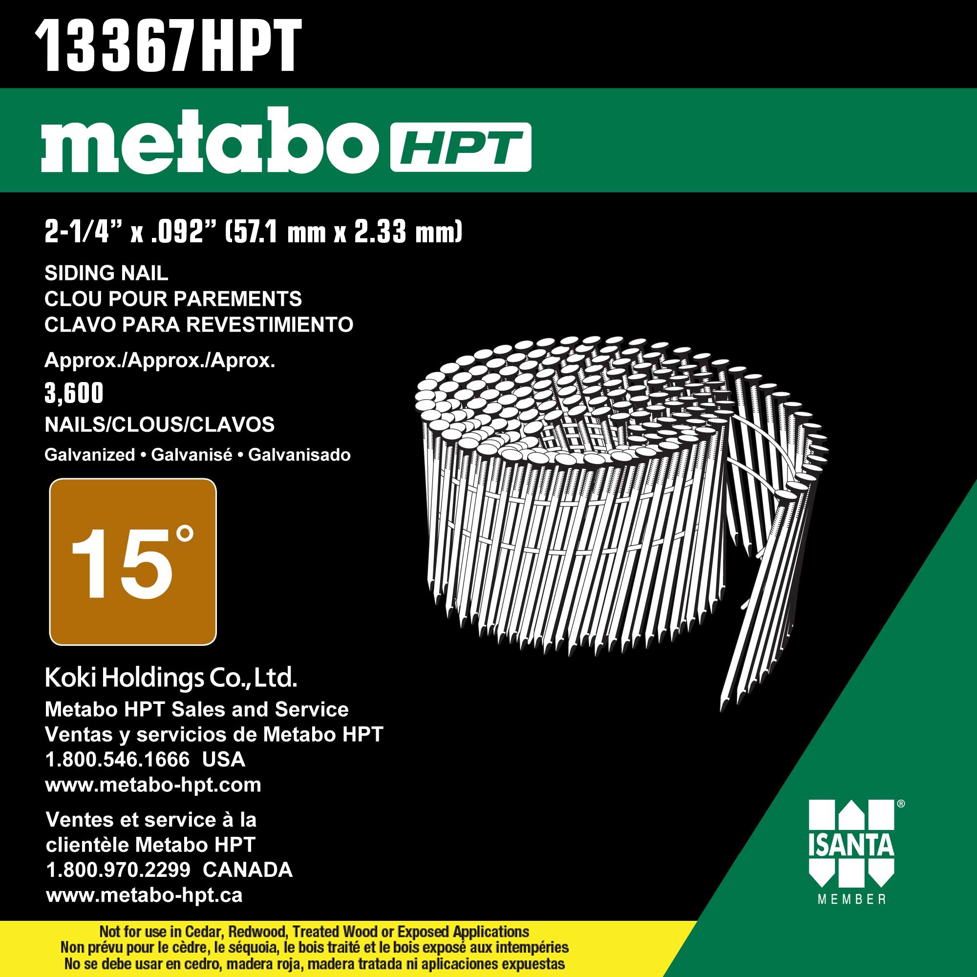 Clavos para revestimiento con cabeza anillada galvanizada en caliente Metabo HPT 2-1/4 pulgadas 15 grados - 216,000 por palet NV65AH2M