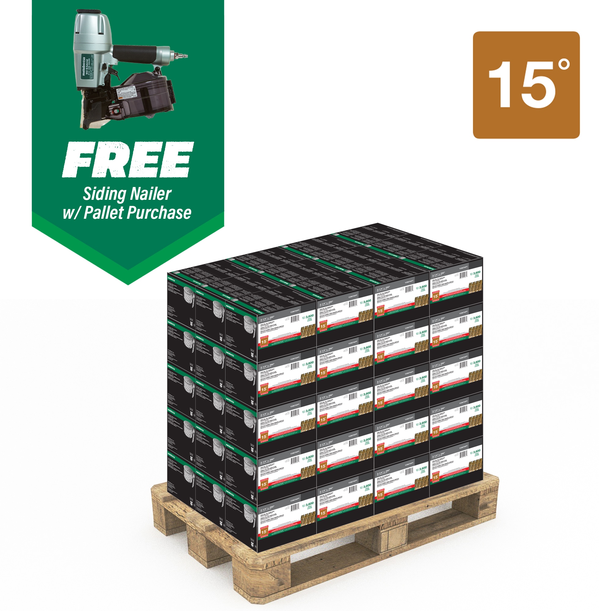 Clavos para revestimiento con cabeza anillada galvanizada en caliente Metabo HPT 2-1/4 pulgadas 15 grados - 216,000 por palet NV65AH2M