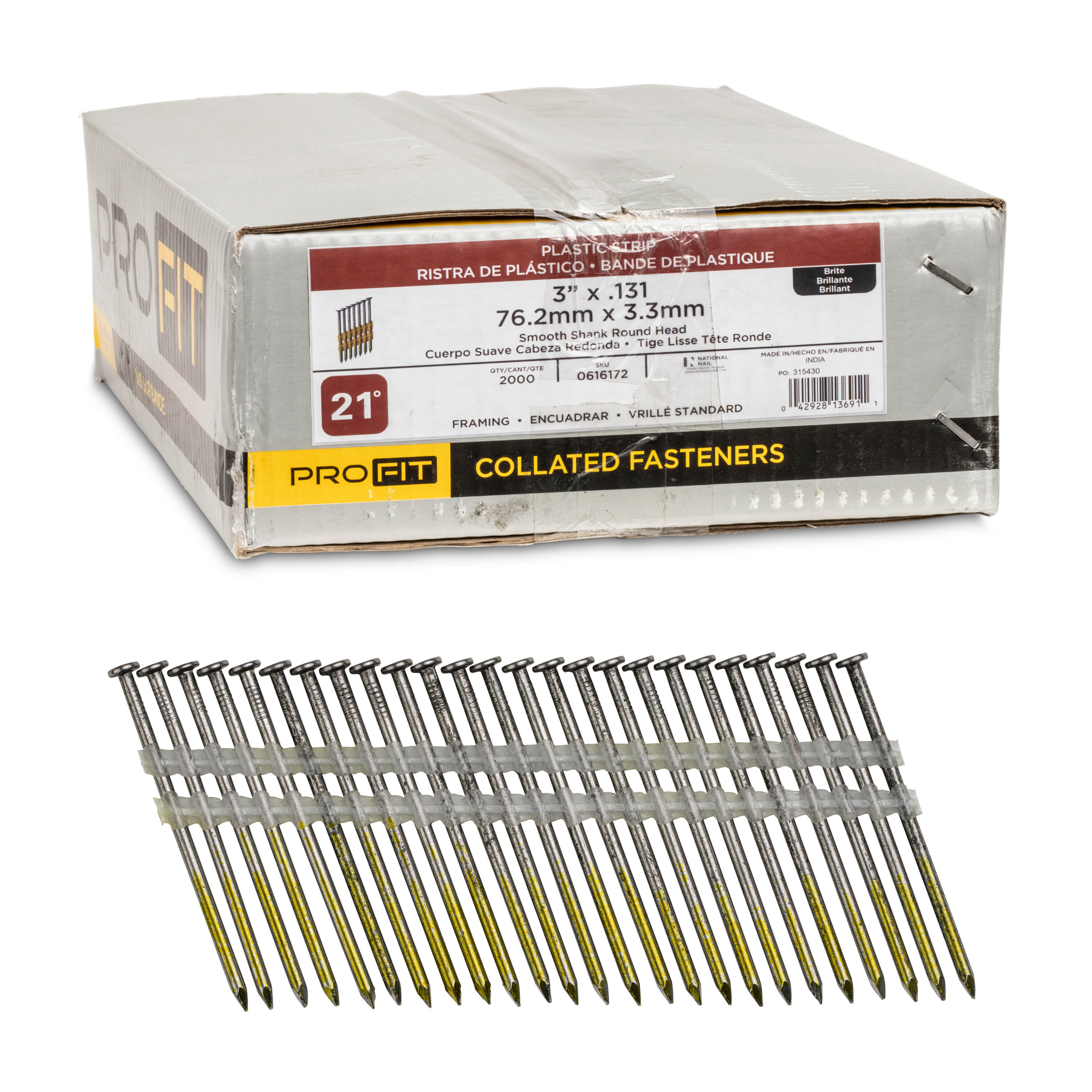 Clavos para estructura colados con vástago liso brillante de 21 grados de 3 pulgadas de largo x 0.131 pulgadas (2000 por caja) 0616172