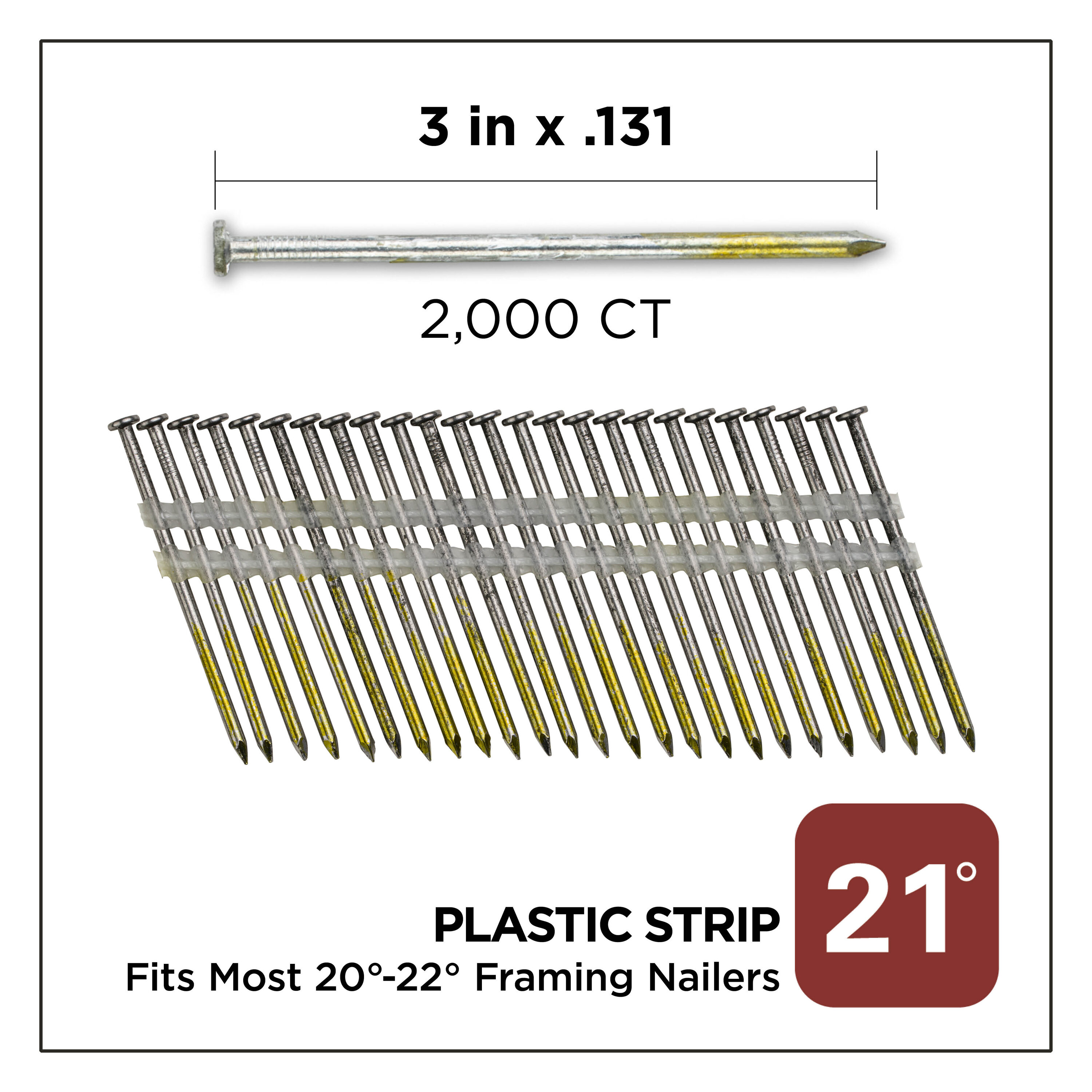 Clavos para estructura colados con vástago liso brillante de 21 grados de 3 pulgadas de largo x 0.131 pulgadas (2000 por caja) 0616172
