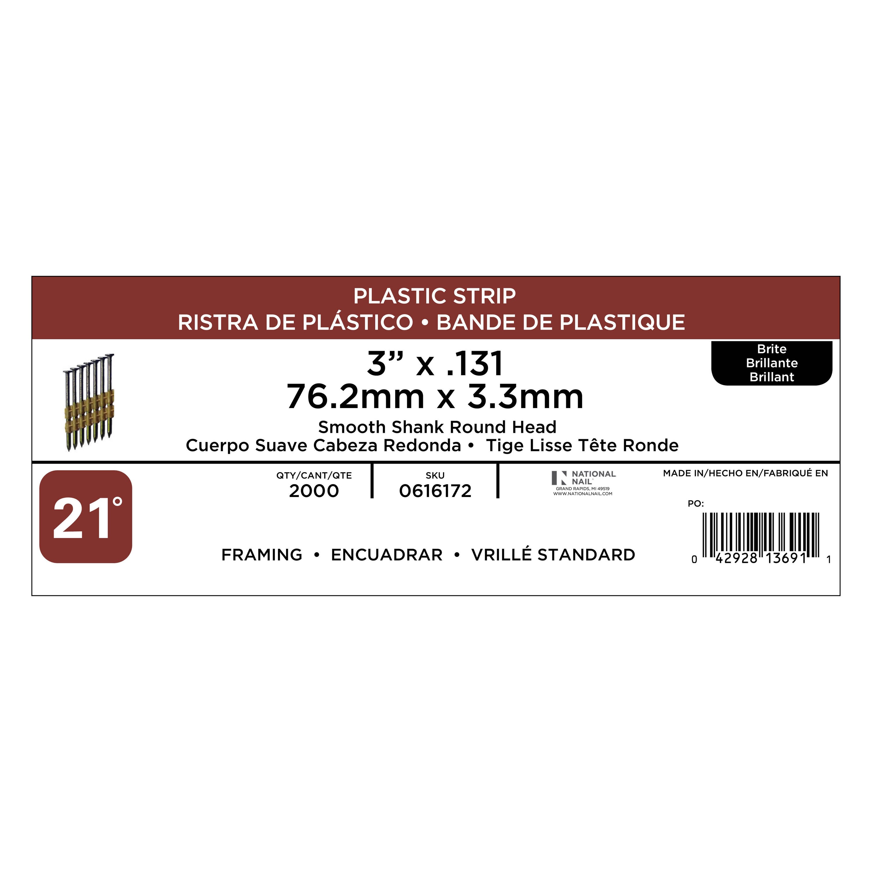 Clavos para estructura colados con vástago liso brillante de 21 grados de 3 pulgadas de largo x 0.131 pulgadas (2000 por caja) 0616172