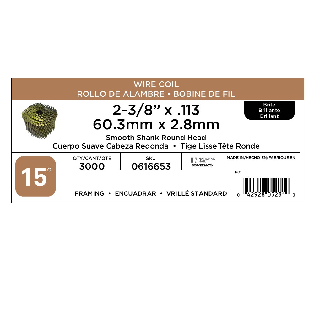 Clavos colados de armazón con vástago liso brillante de 15 grados de 2-3/8 pulgadas x 0.113 pulgadas (2000 unidades por caja) 0616653