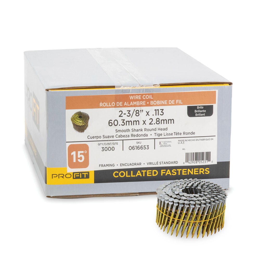 Clavos colados de armazón con vástago liso brillante de 15 grados de 2-3/8 pulgadas x 0.113 pulgadas (2000 unidades por caja) 0616653