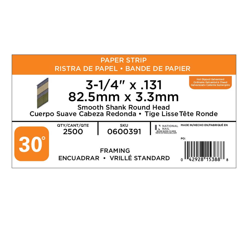 Clavos para armazón galvanizados por inmersión en caliente, de 3-1/4 pulgadas x 0.131 pulgadas, con cabeza suave y ángulo de 30 grados (2500 por caja)