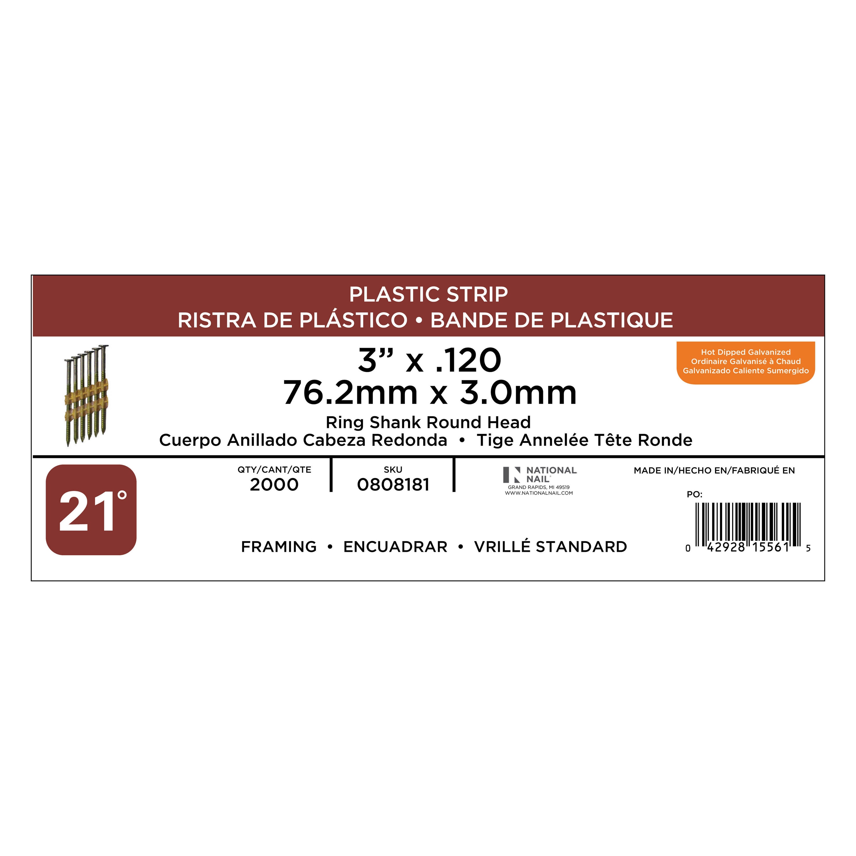 Clavos de armazón galvanizados en caliente de grapa con anillo de inclinación de 21 grados, 3 pulgadas x 0.12 pulgadas, (2000 por caja) 0808181