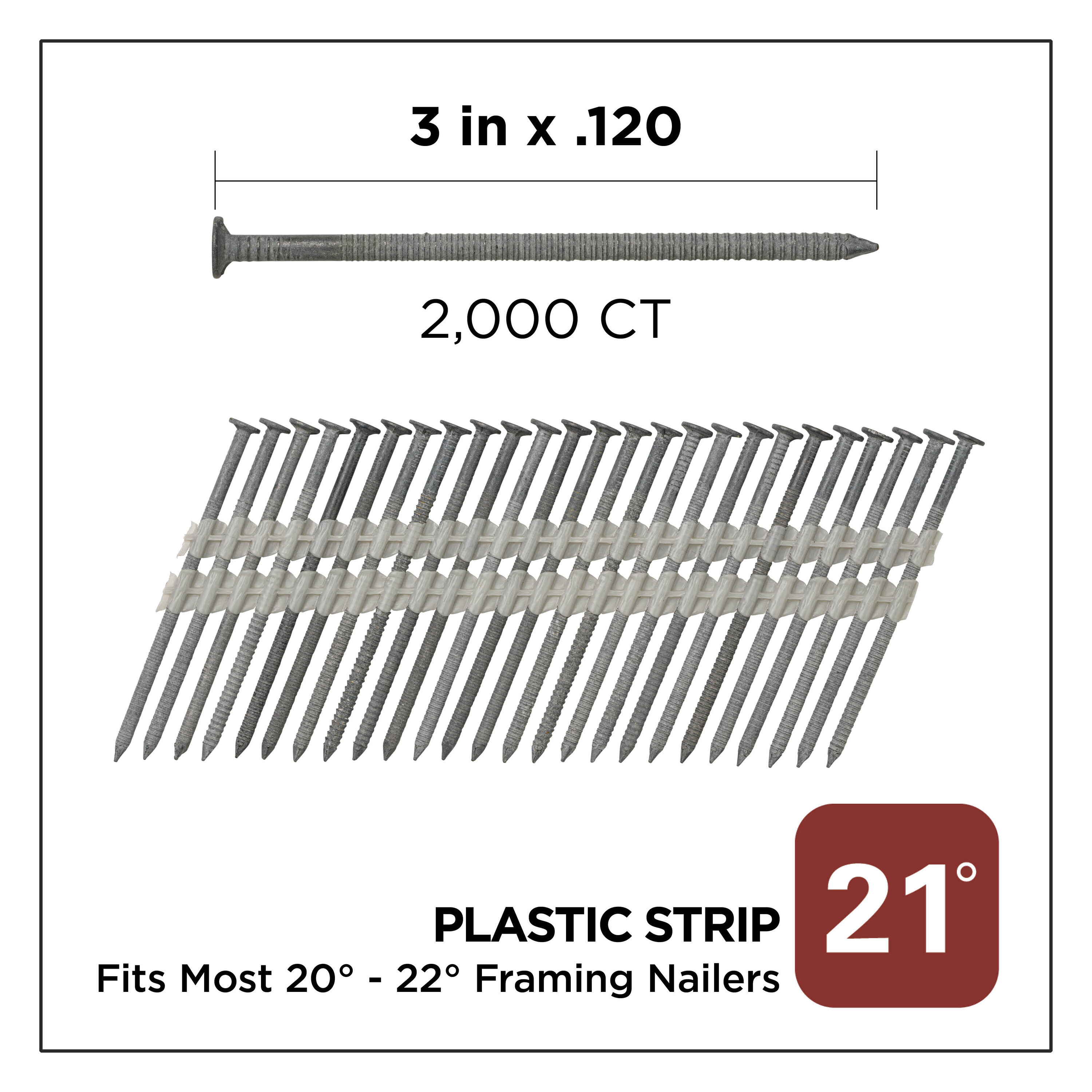 Clavos de armazón galvanizados en caliente de grapa con anillo de inclinación de 21 grados, 3 pulgadas x 0.12 pulgadas, (2000 por caja) 0808181