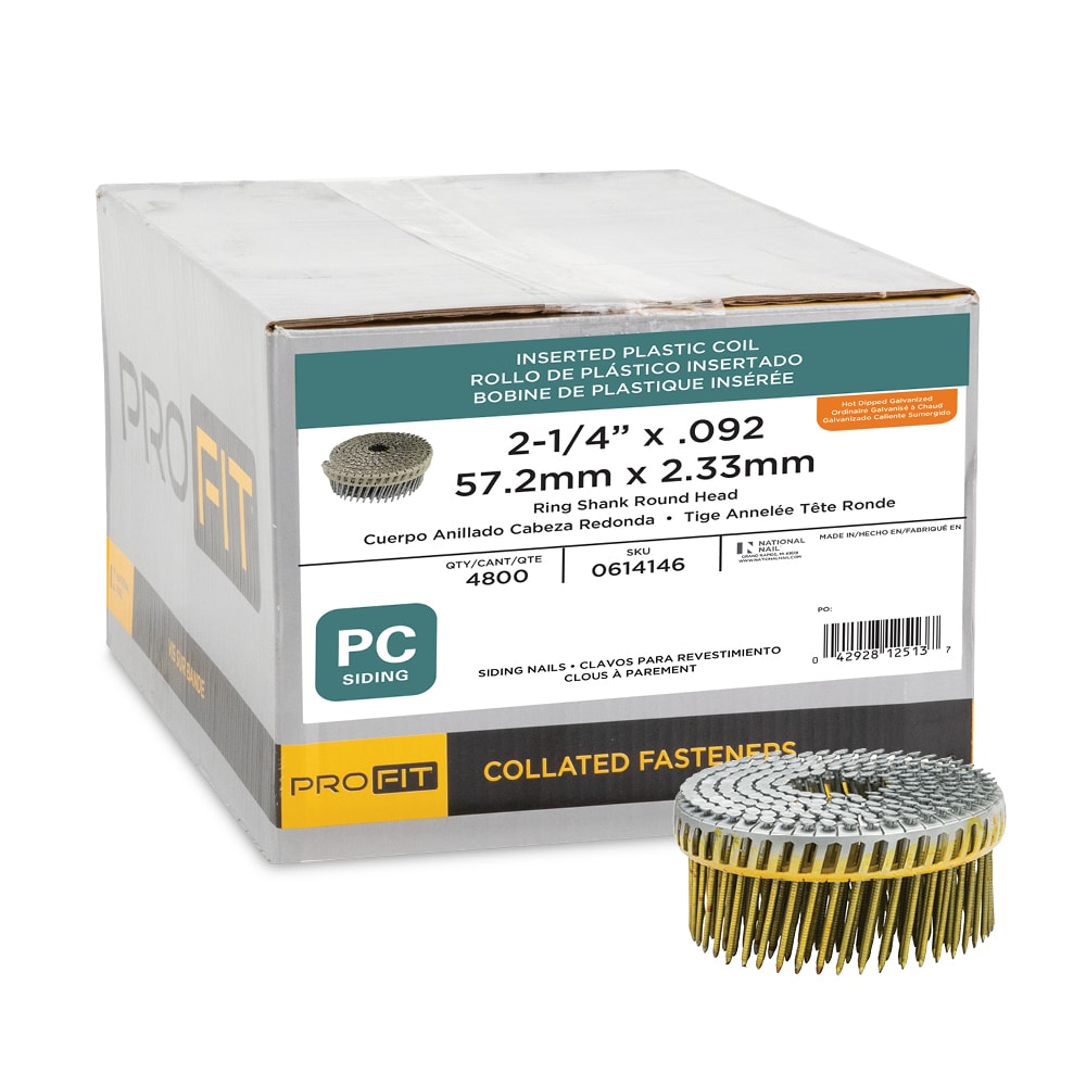 Clavos de plástico corrugados para revestimiento galvanizado en caliente de 2-1/4 pulgadas, calibre 0.092, ángulo de 15 grados, 4800 por caja - Modelo 0614146