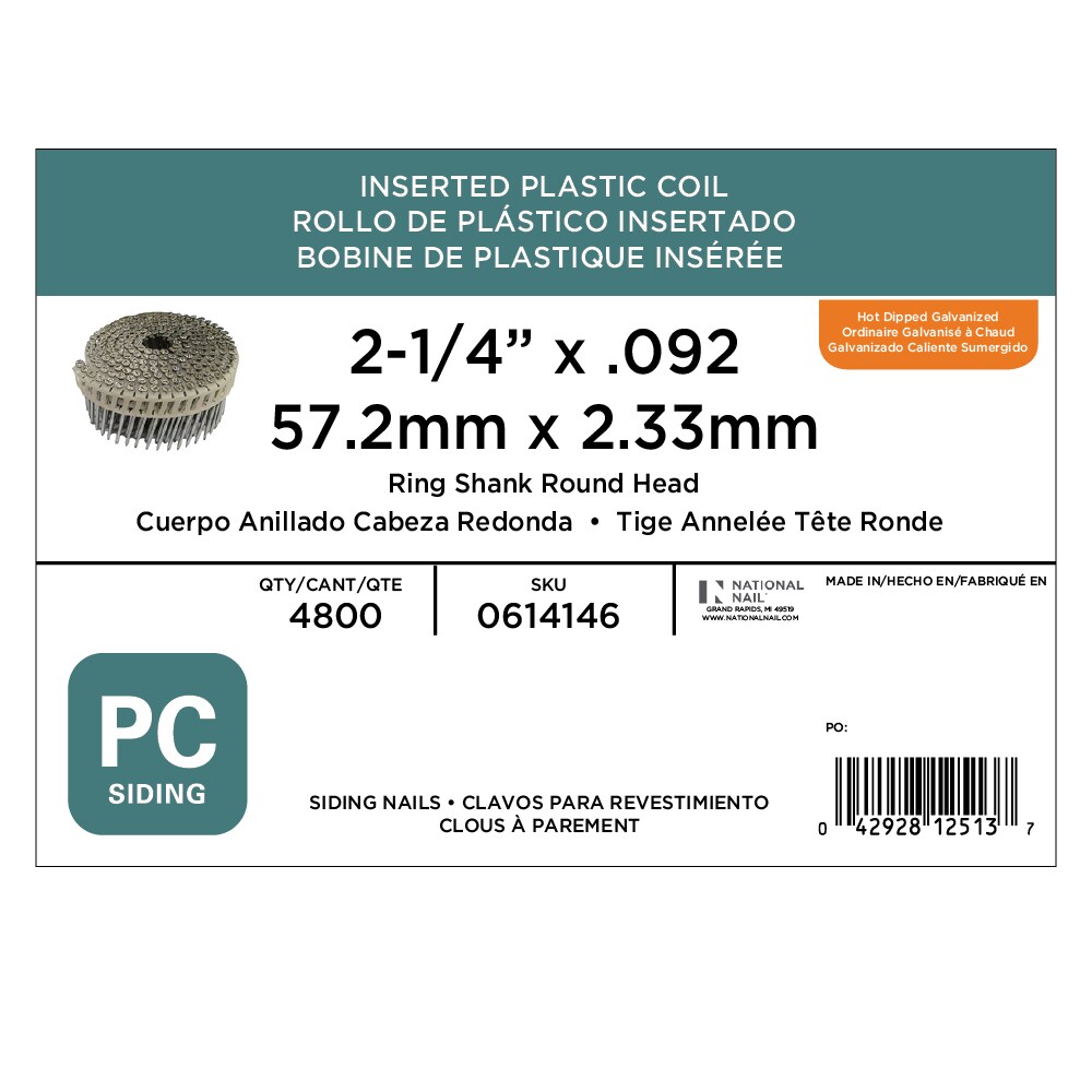 Clavos de plástico corrugados para revestimiento galvanizado en caliente de 2-1/4 pulgadas, calibre 0.092, ángulo de 15 grados, 4800 por caja - Modelo 0614146
