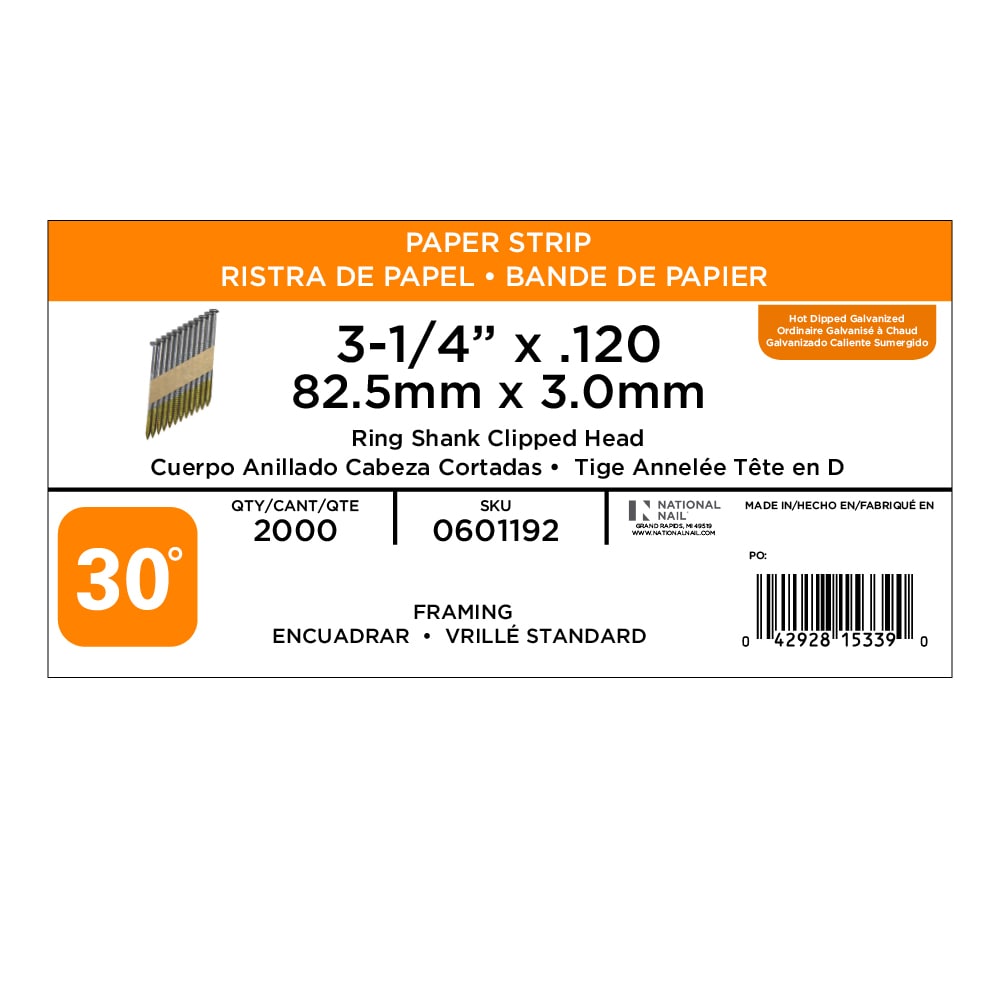 Clavos para armazón galvanizados en caliente de 30 grados, size 3-1/4 in x 0.12 in, clavados en anillo, colocados en tiras (c/2000).