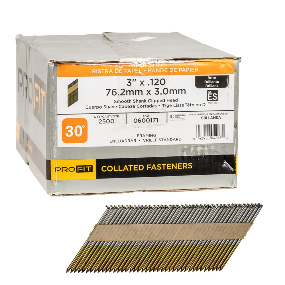 Clavos para armazón colados con vástago liso brillante de 30 grados, 3 pulgadas x 0.12 pulgadas (2500 por caja)