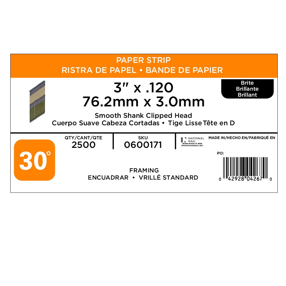 Clavos para armazón colados con vástago liso brillante de 30 grados, 3 pulgadas x 0.12 pulgadas (2500 por caja)