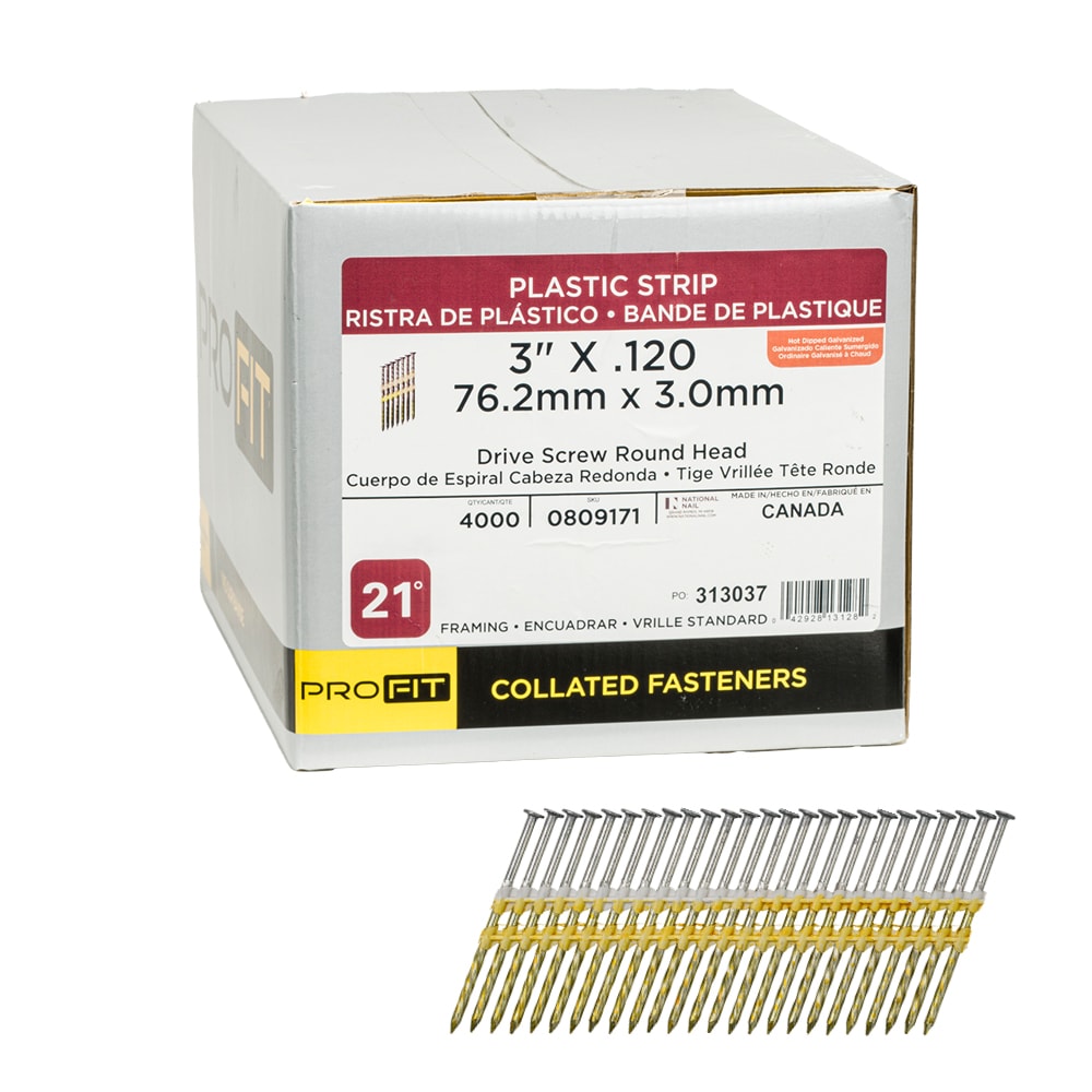 Clavos comunes galvanizados por inmersión en caliente con espiral de 3 pulgadas, calibre 0.12, 15 grados, 4000 unidades por caja.