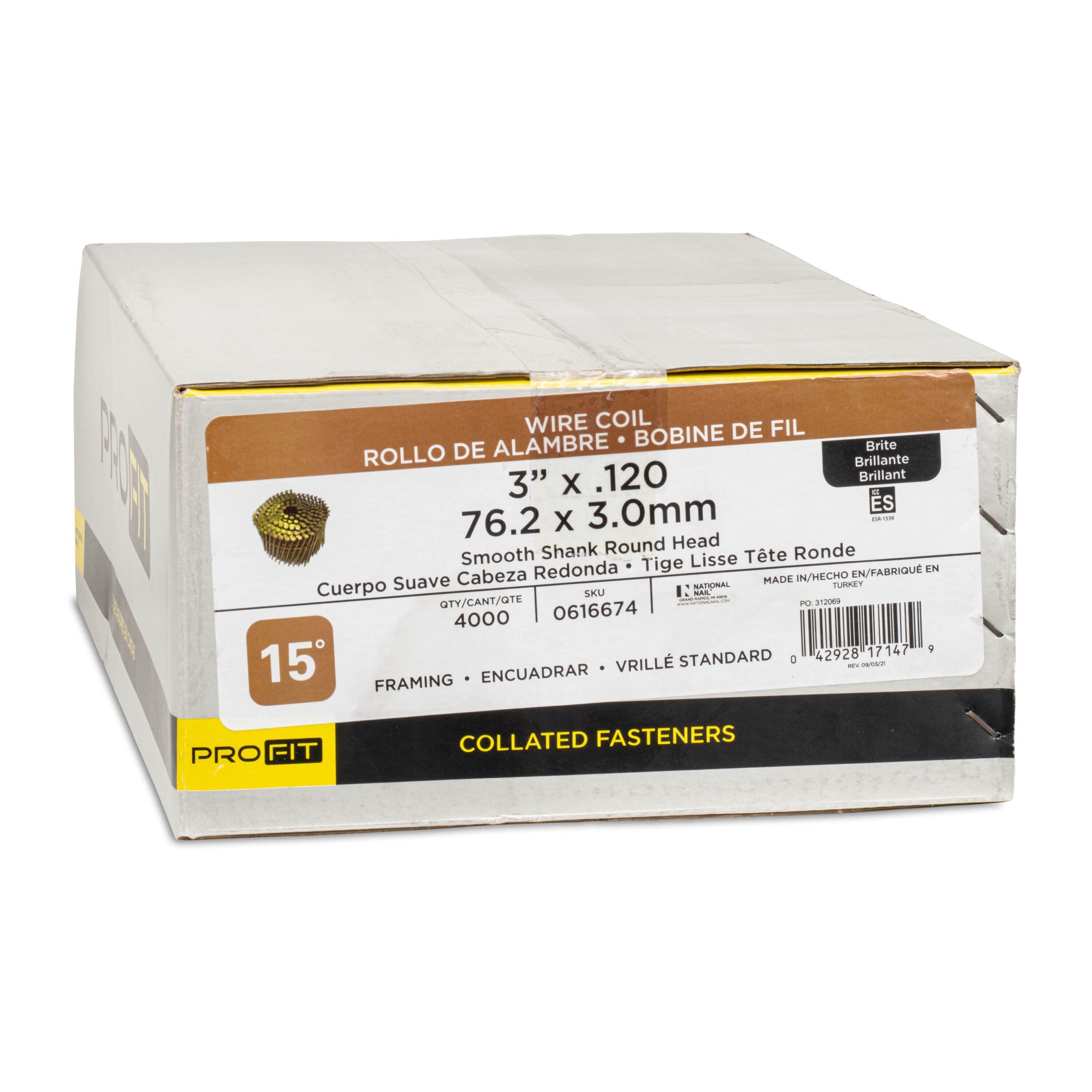 Clavos de armazón de 15 grados, 3 pulgadas x 0.12 pulgadas, brillantes y con punta lisa, colados en caja de 4000 unidades