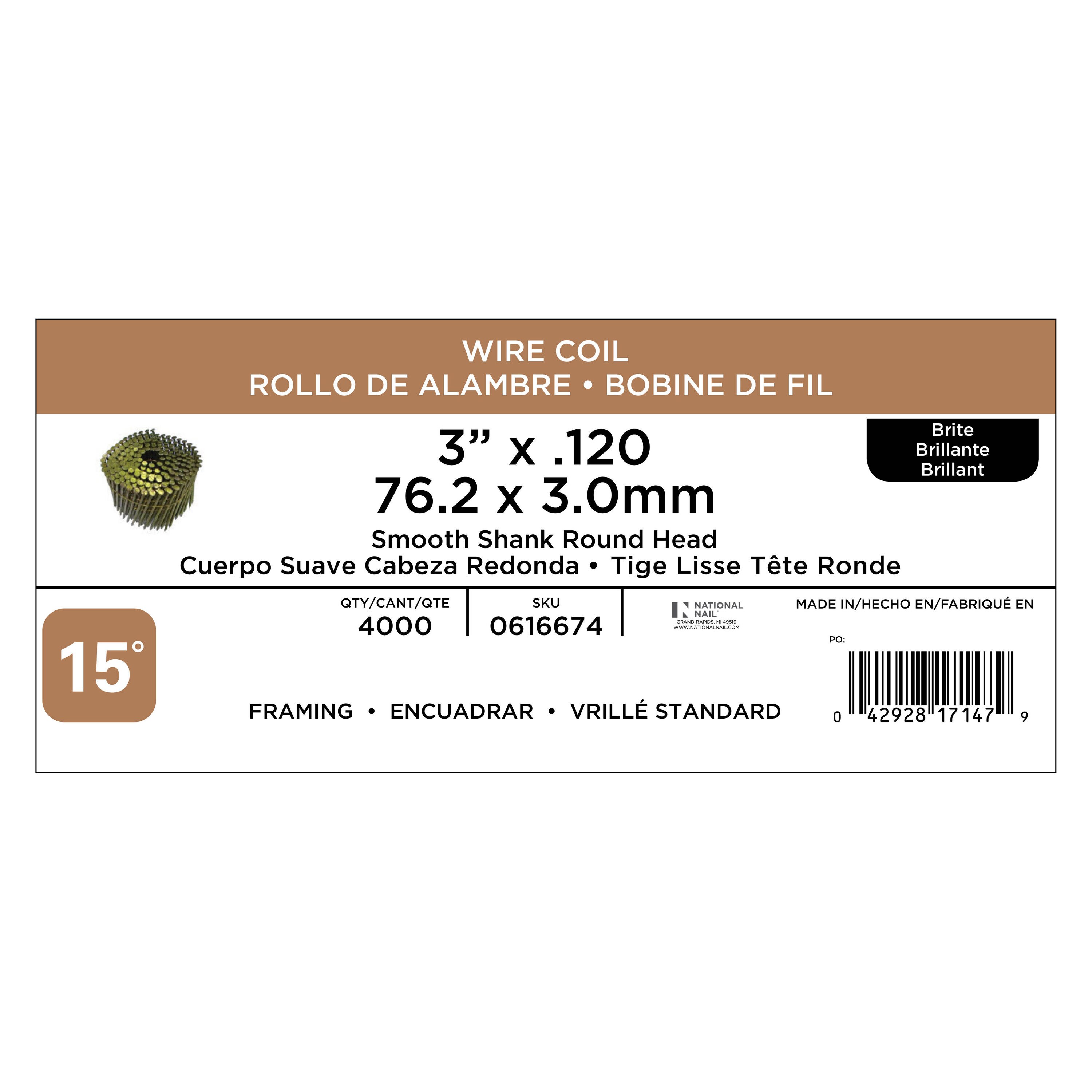Clavos de armazón de 15 grados, 3 pulgadas x 0.12 pulgadas, brillantes y con punta lisa, colados en caja de 4000 unidades