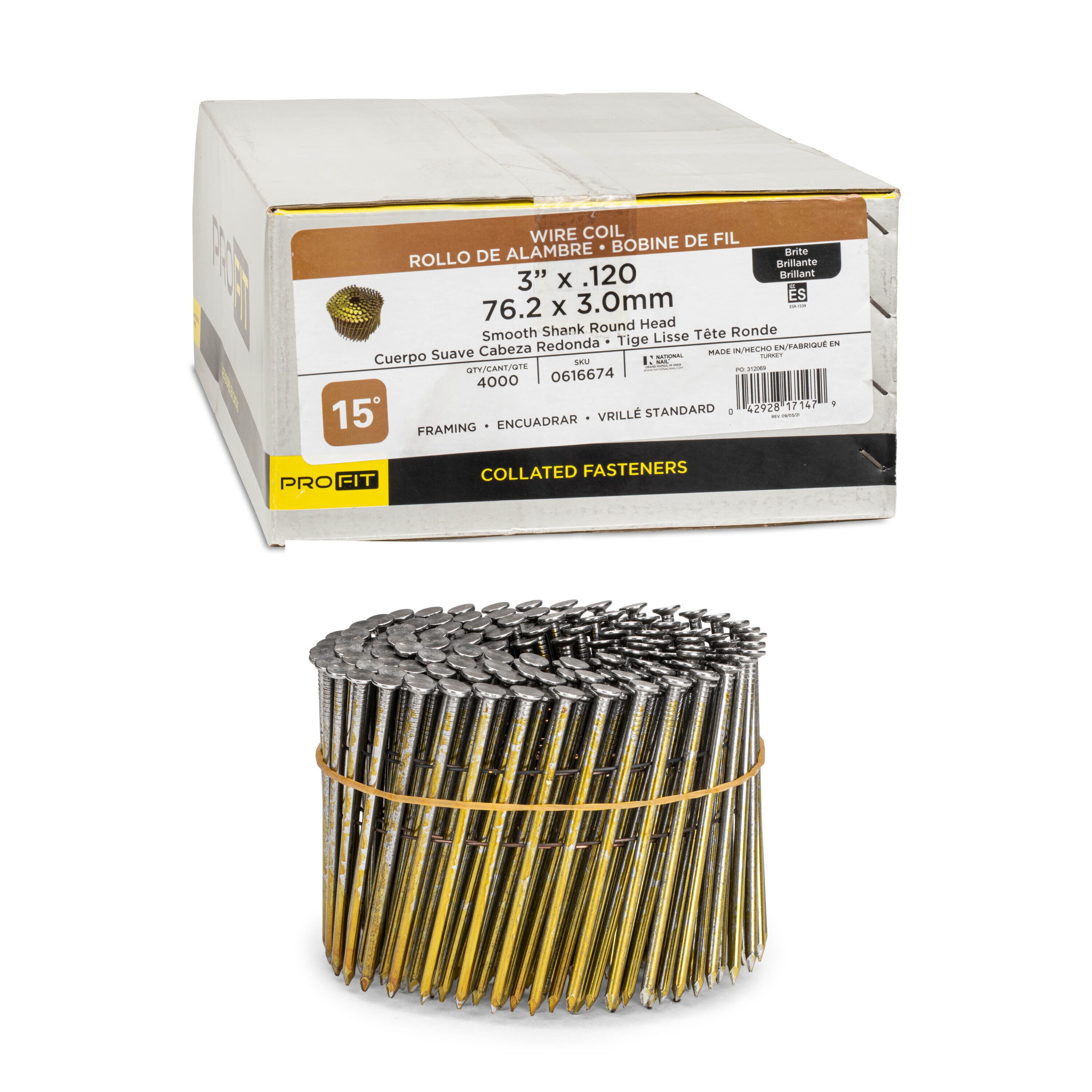 Clavos de armazón de 15 grados, 3 pulgadas x 0.12 pulgadas, brillantes y con punta lisa, colados en caja de 4000 unidades