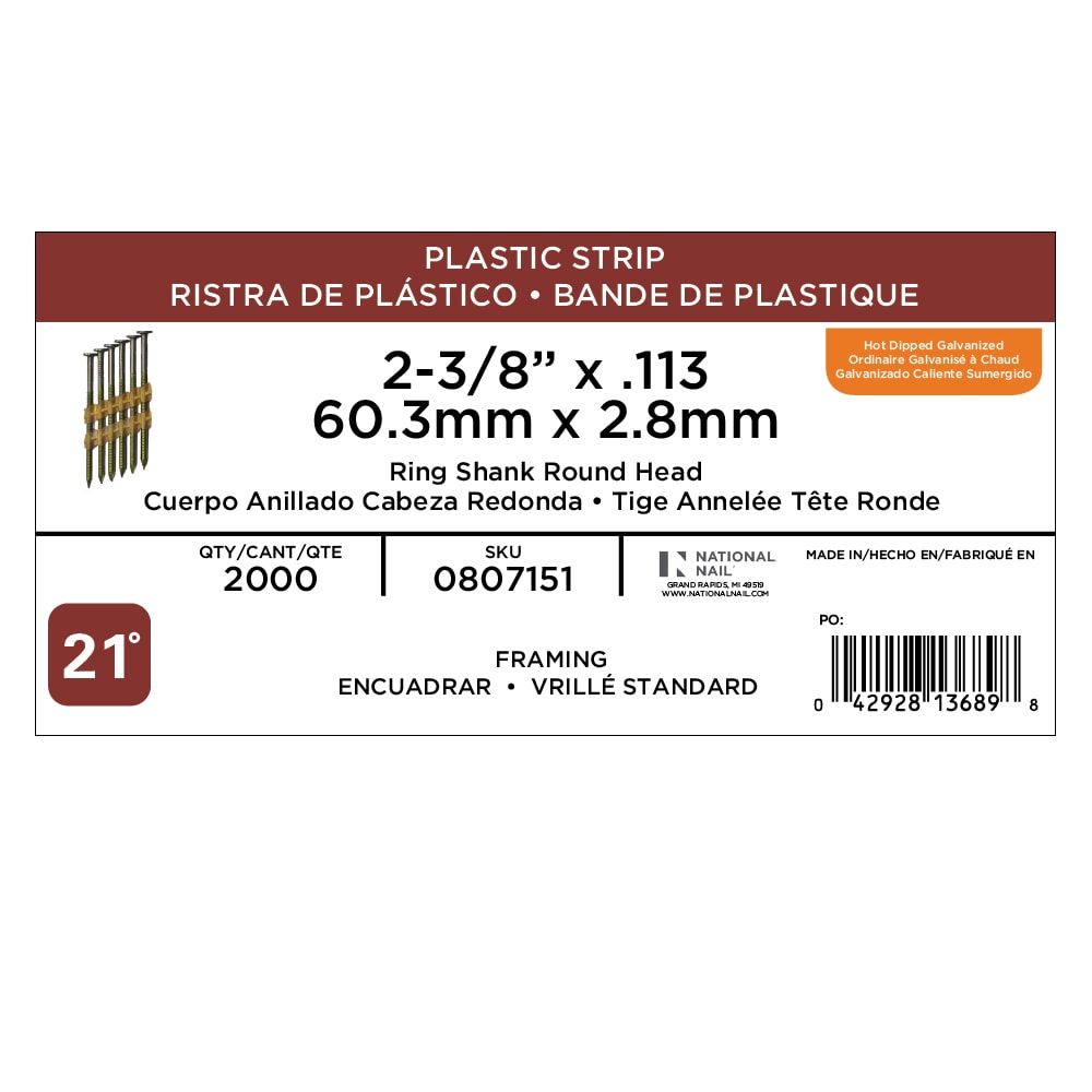 Clavos para Armazón Aro Anillado Galvanizados por Inmersión en Caliente, 21°, 2-3/8 pulgadas x 0.113 pulgadas (Paquete de 2000)