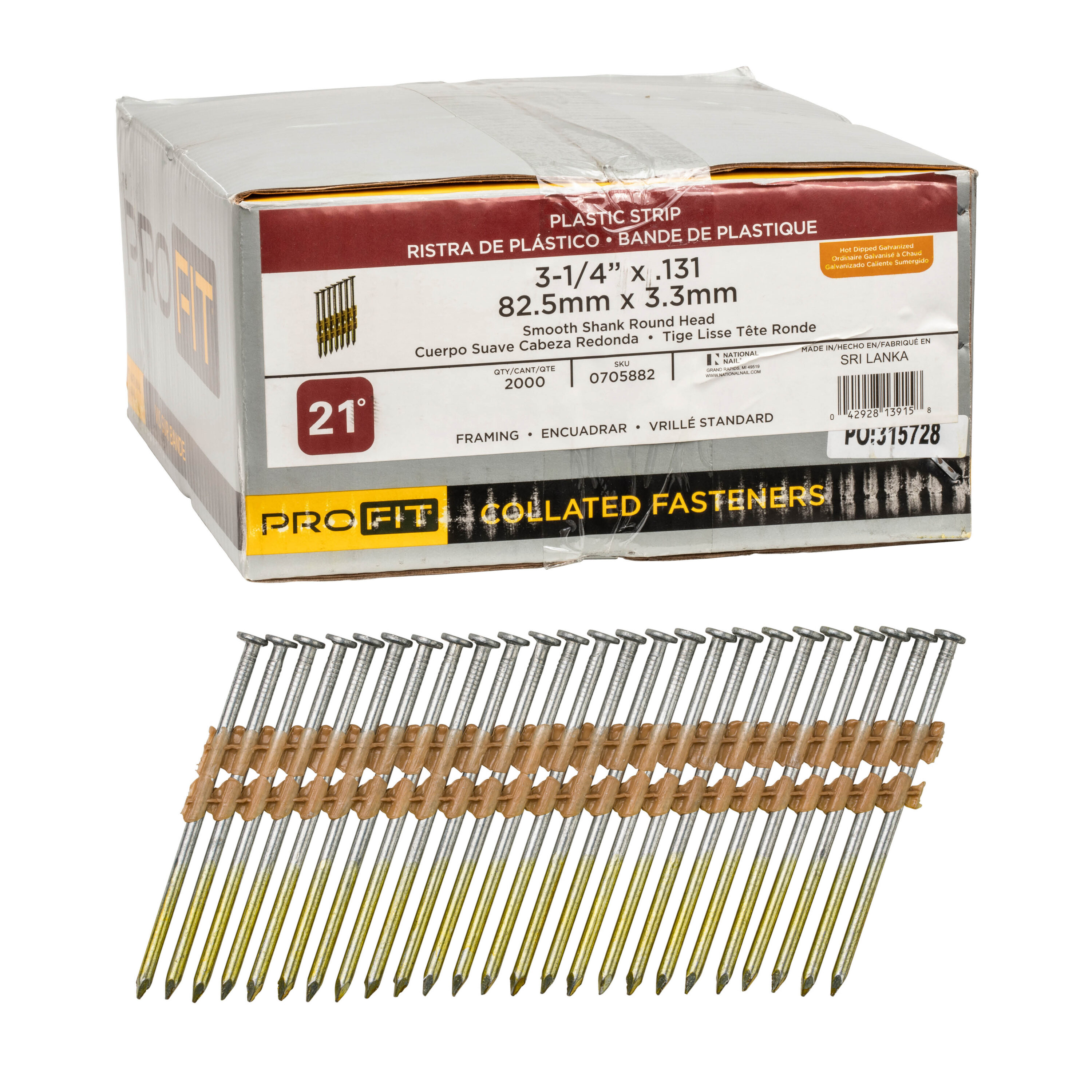 Clavos de armazón con cabeza lisa galvanizados por inmersión en caliente de 3-1/4 pulgadas x 0.131 pulgadas y ángulo de 21 grados, en tiras (2000 por caja) 0705882