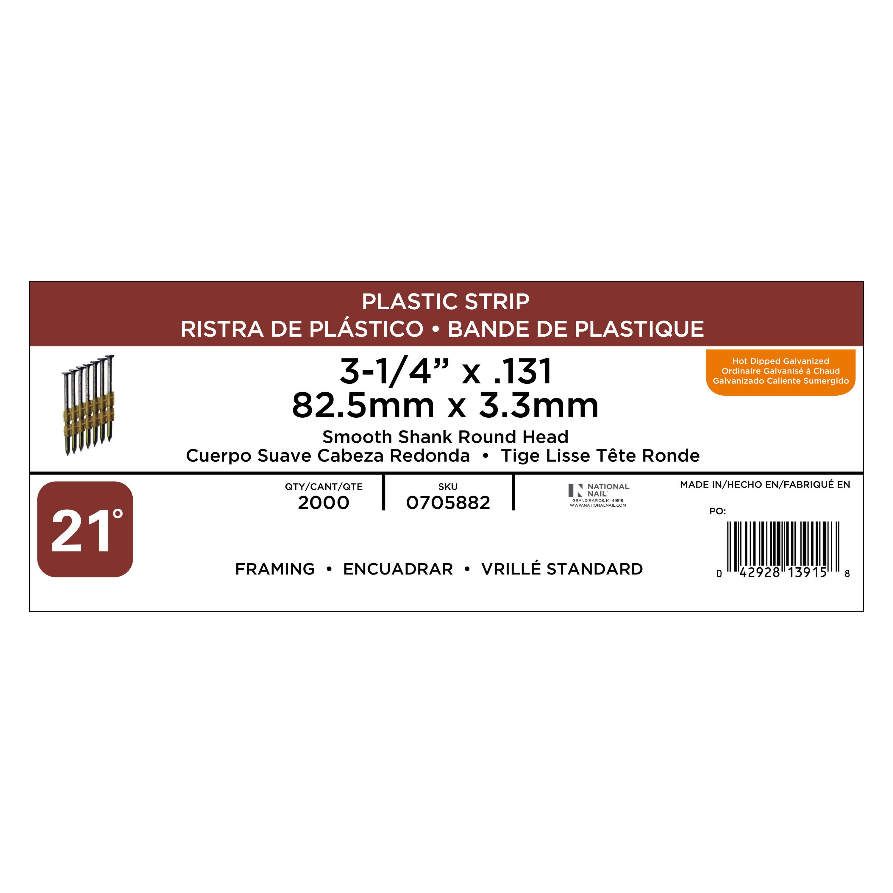 Clavos de armazón con cabeza lisa galvanizados por inmersión en caliente de 3-1/4 pulgadas x 0.131 pulgadas y ángulo de 21 grados, en tiras (2000 por caja) 0705882