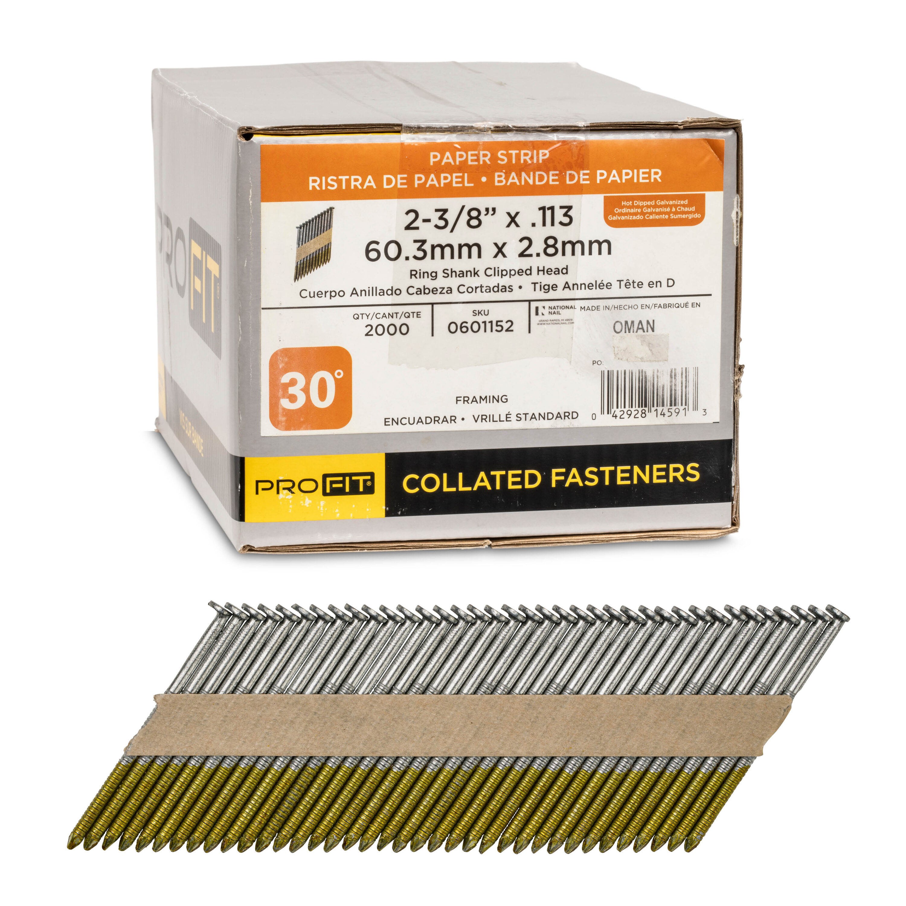 Clavos de armazón anillados galvanizados por inmersión en caliente de 2-3/8 pulgadas x 0.113 pulgadas, ángulo de 30 grados, en collares (2000 unidades por caja) 0601152
