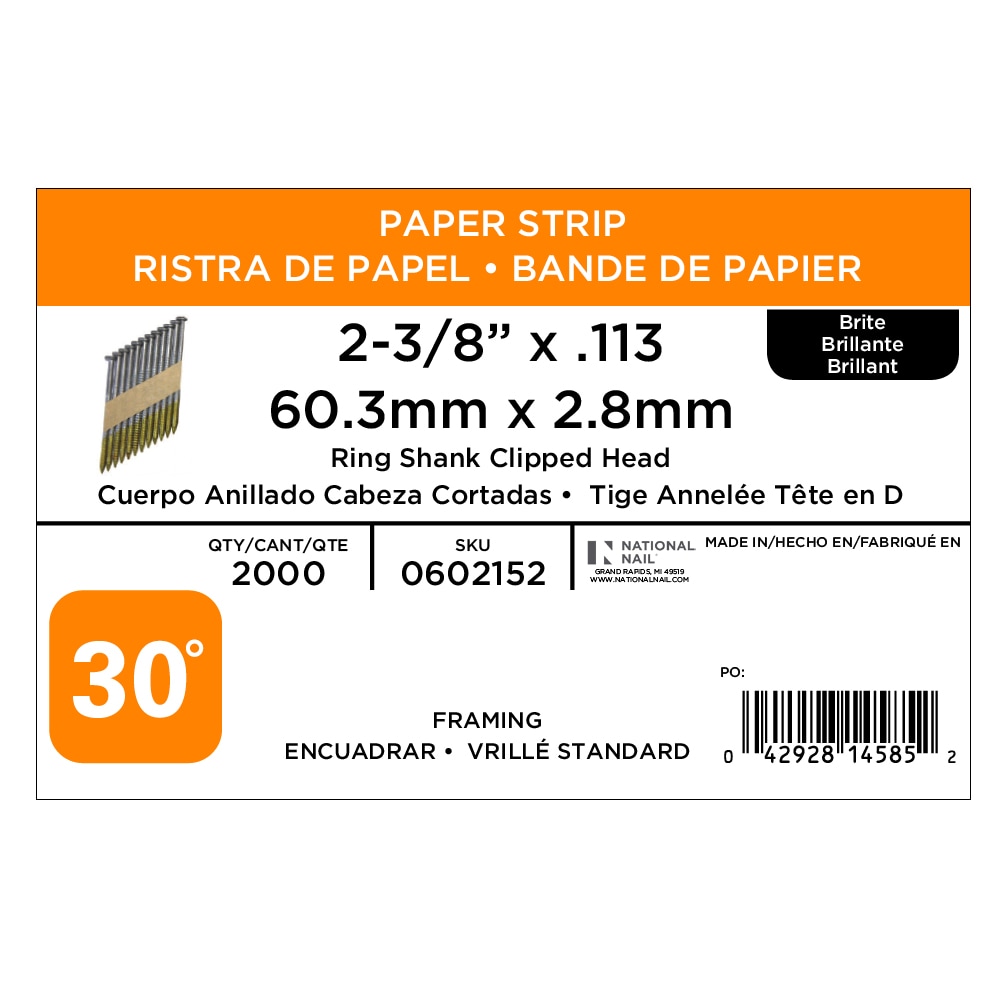 Clavos armados para estructuras brillantes de 30 grados, 2-3/8 pulgadas x 0.113 pulgadas (2000 por caja) 0602152