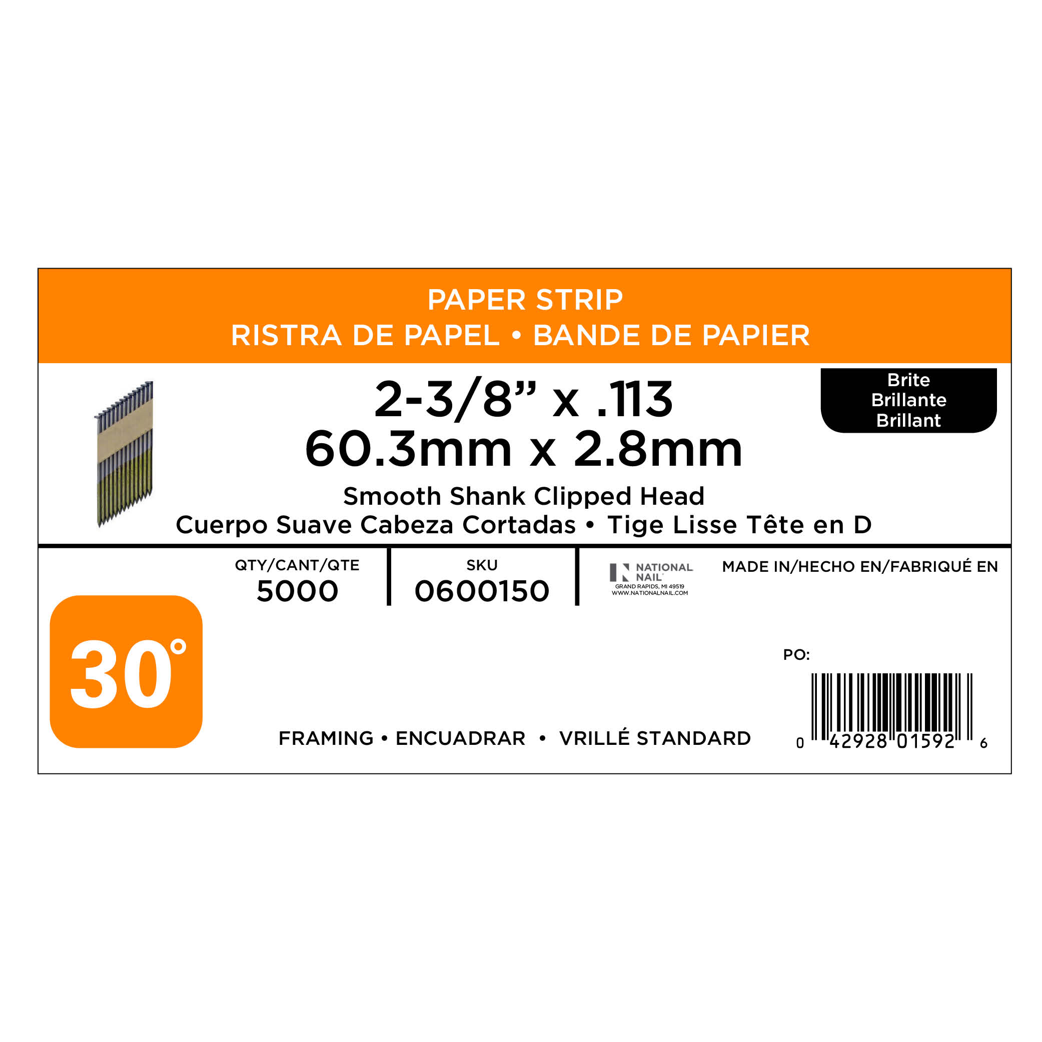 Clavos de armazón con cabezal liso y punta afilada, collated, tamaño 2-3/8 pulgadas x 0.113 pulgadas, ángulo de 30 grados (5000 unidades por caja) 0600150