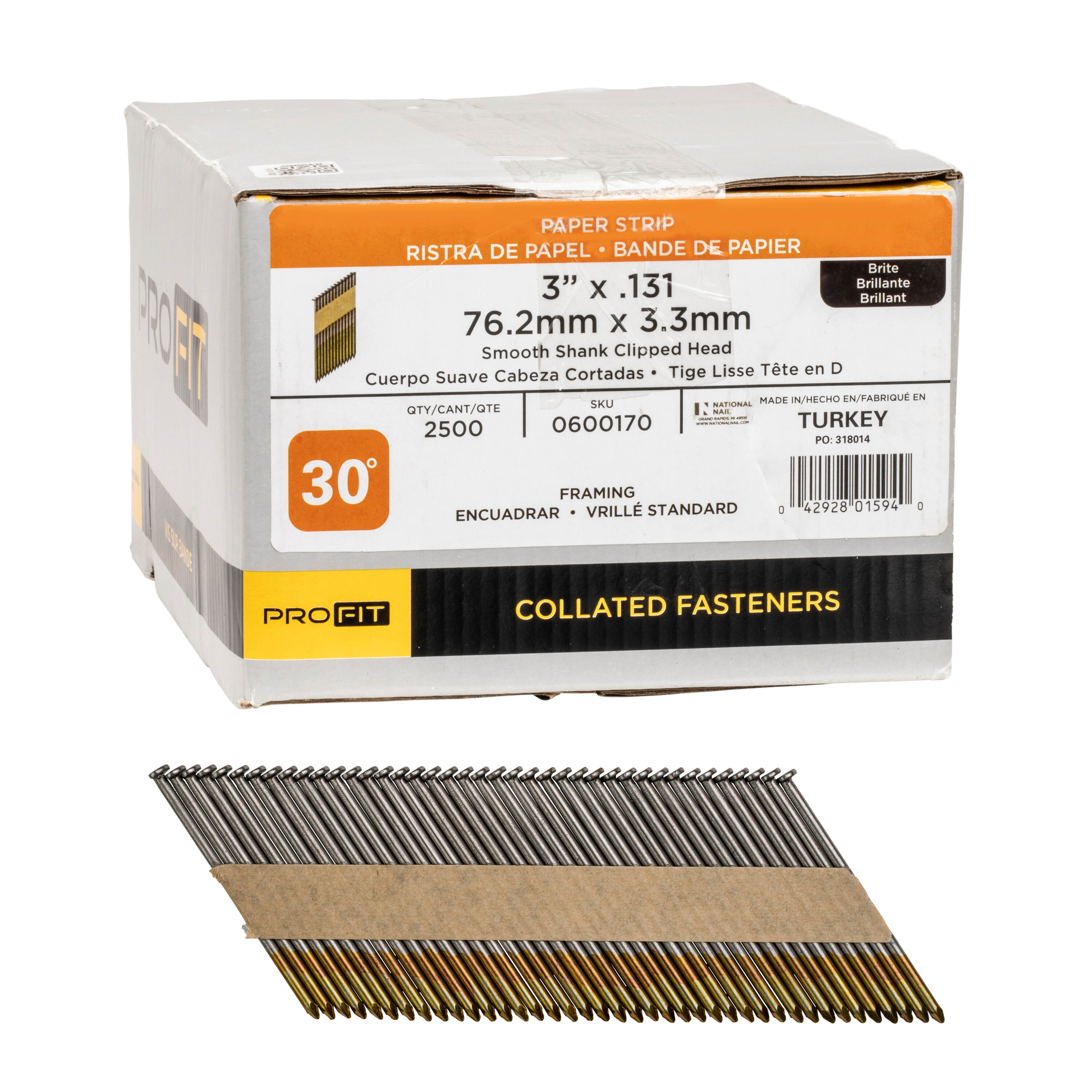 Clavos para entramado de 30 grados, brillantes y lisos, de calibre 0.131, 3 pulgadas, en caja de 2500 unidades