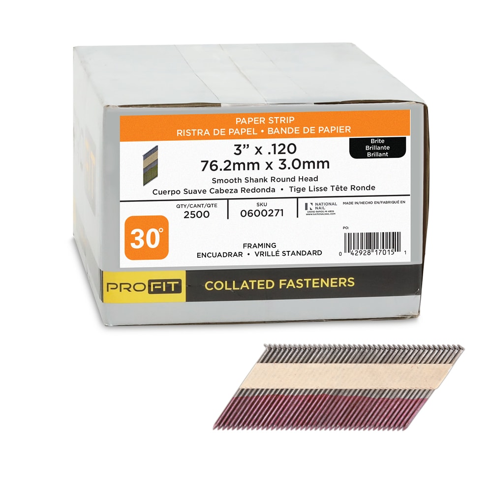 Clavos para armazón armados de 30 grados, 3 pulgadas x 0.12 pulgadas, suaves y brillantes, en caja de 2500 unidades - PRO-FIT