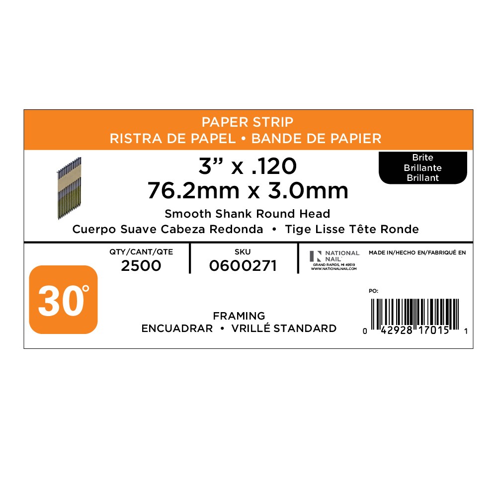 Clavos para armazón armados de 30 grados, 3 pulgadas x 0.12 pulgadas, suaves y brillantes, en caja de 2500 unidades - PRO-FIT