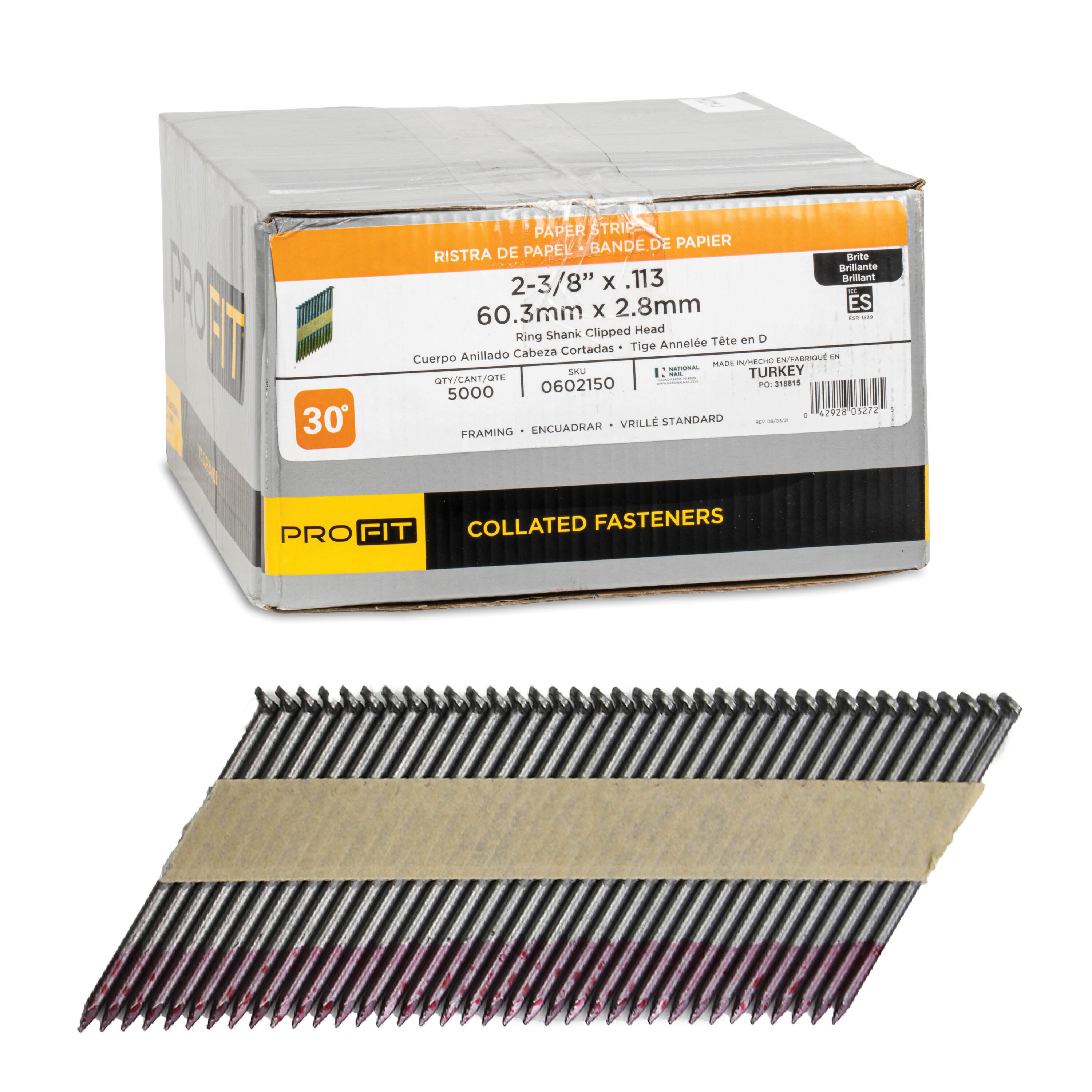 Clavos de construcción en bobina para marcos 2-3/8 pulgadas x 0.113 pulgadas, ángulo de 30 grados brillantes de punta anillada (5000 por caja) 0602150