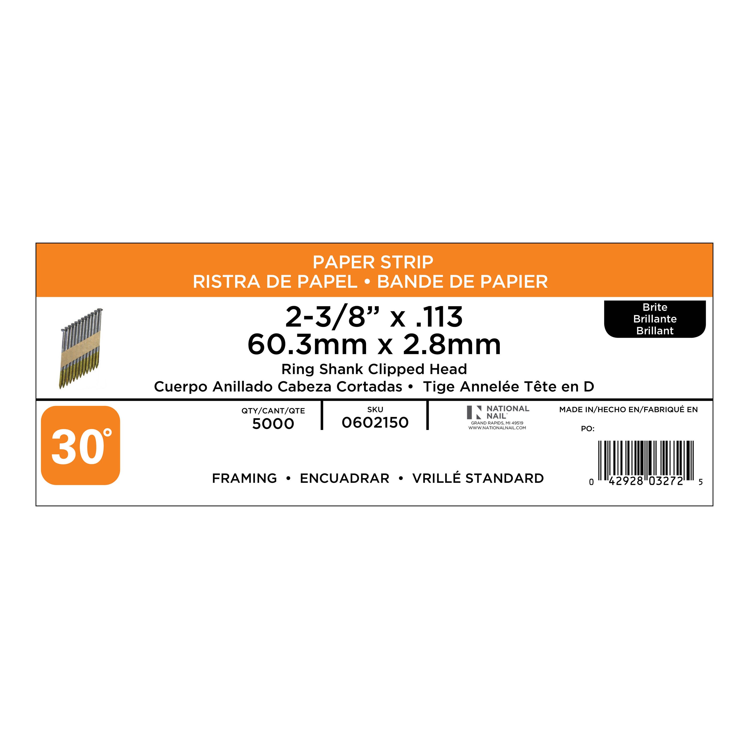 Clavos de construcción en bobina para marcos 2-3/8 pulgadas x 0.113 pulgadas, ángulo de 30 grados brillantes de punta anillada (5000 por caja) 0602150
