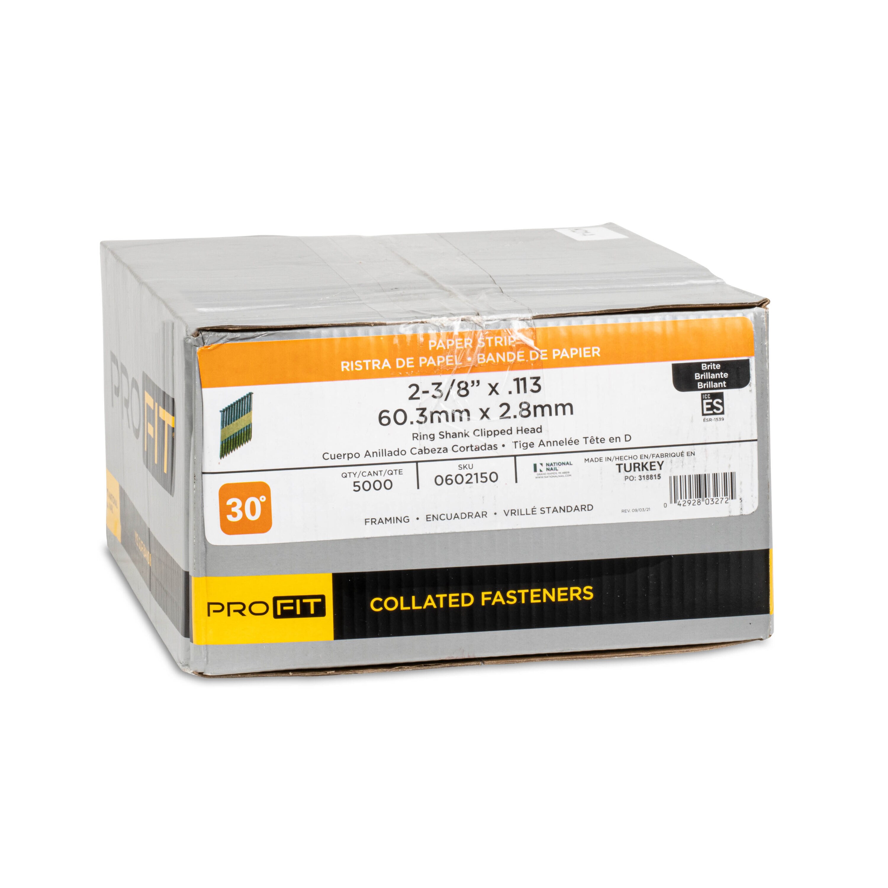 Clavos de construcción en bobina para marcos 2-3/8 pulgadas x 0.113 pulgadas, ángulo de 30 grados brillantes de punta anillada (5000 por caja) 0602150