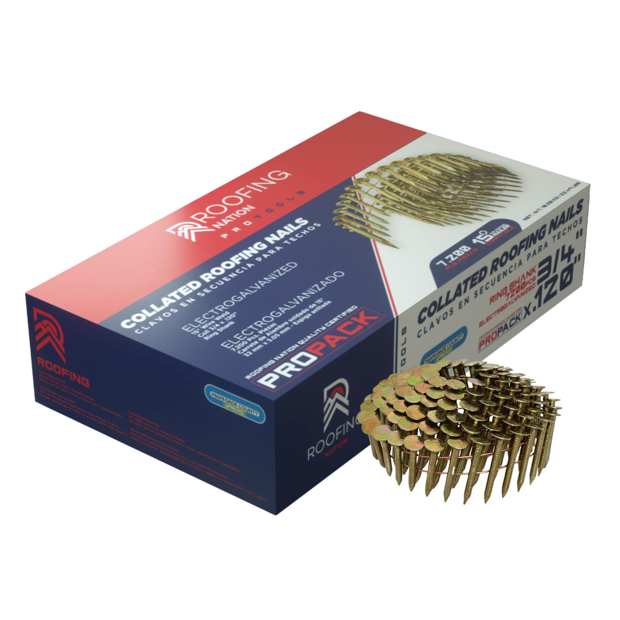 Clavos de techo colados recubiertos de electro-galvanizado de 3/4 de pulgada, calibre 15, con anillo en ángulo de 15 grados - 345600 por tarima.