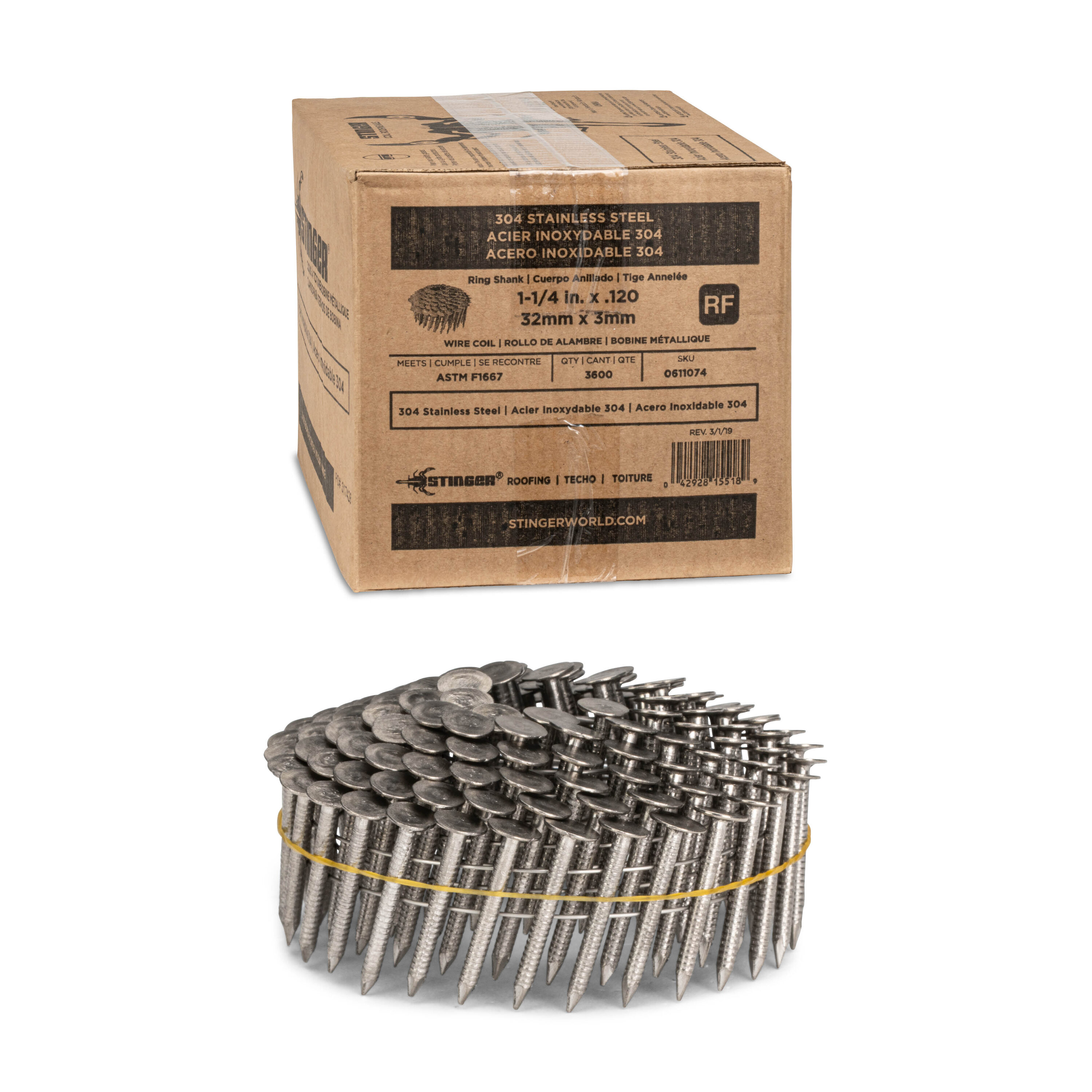 Clavos de techo de acero inoxidable anillados de 1-1/4 pulgadas, 15 grados, en rollo metálico - caja de 3600 unidades