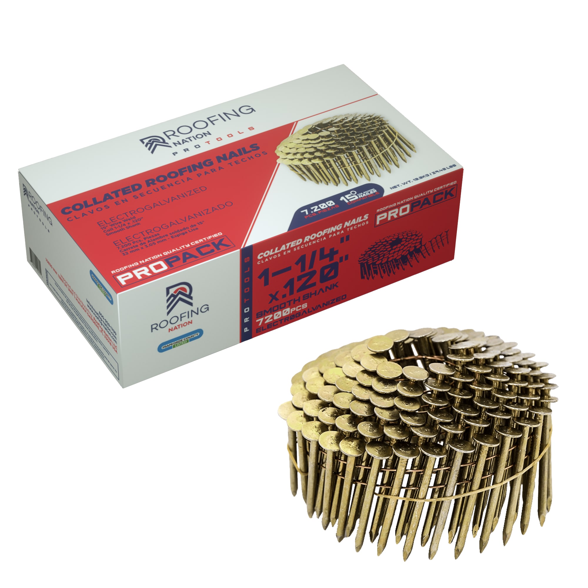 Clavos para techar electro-galvanizados de 1-1/4 pulgadas con vástago liso y grapa incluida de 15 grados, 345600 unidades por tarima