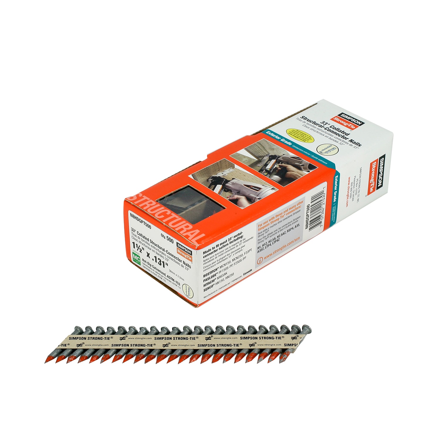 Clavos comunes galvanizados de 1-1/2 pulgadas, calibre 10, punta lisa, collated en papel, 500 por caja.