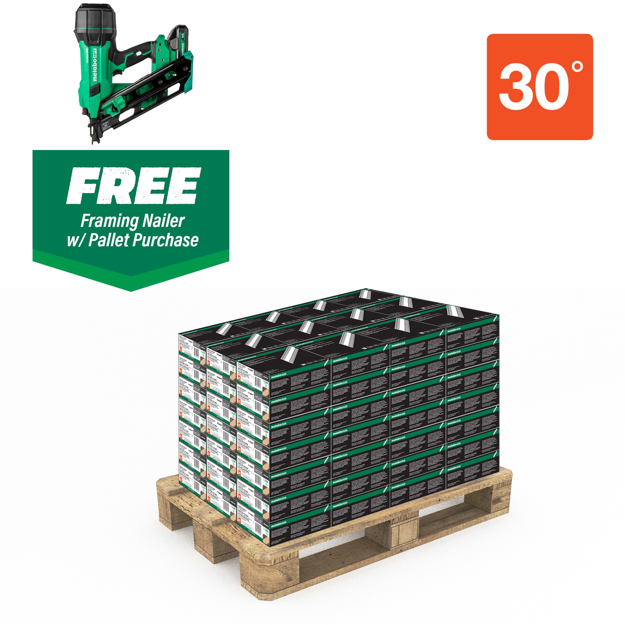 Clavos de armazón colados con vástago liso brillante de 3 pulgadas x 0.131 pulgadas a 30 grados de Metabo HPT (210,000 por palet).