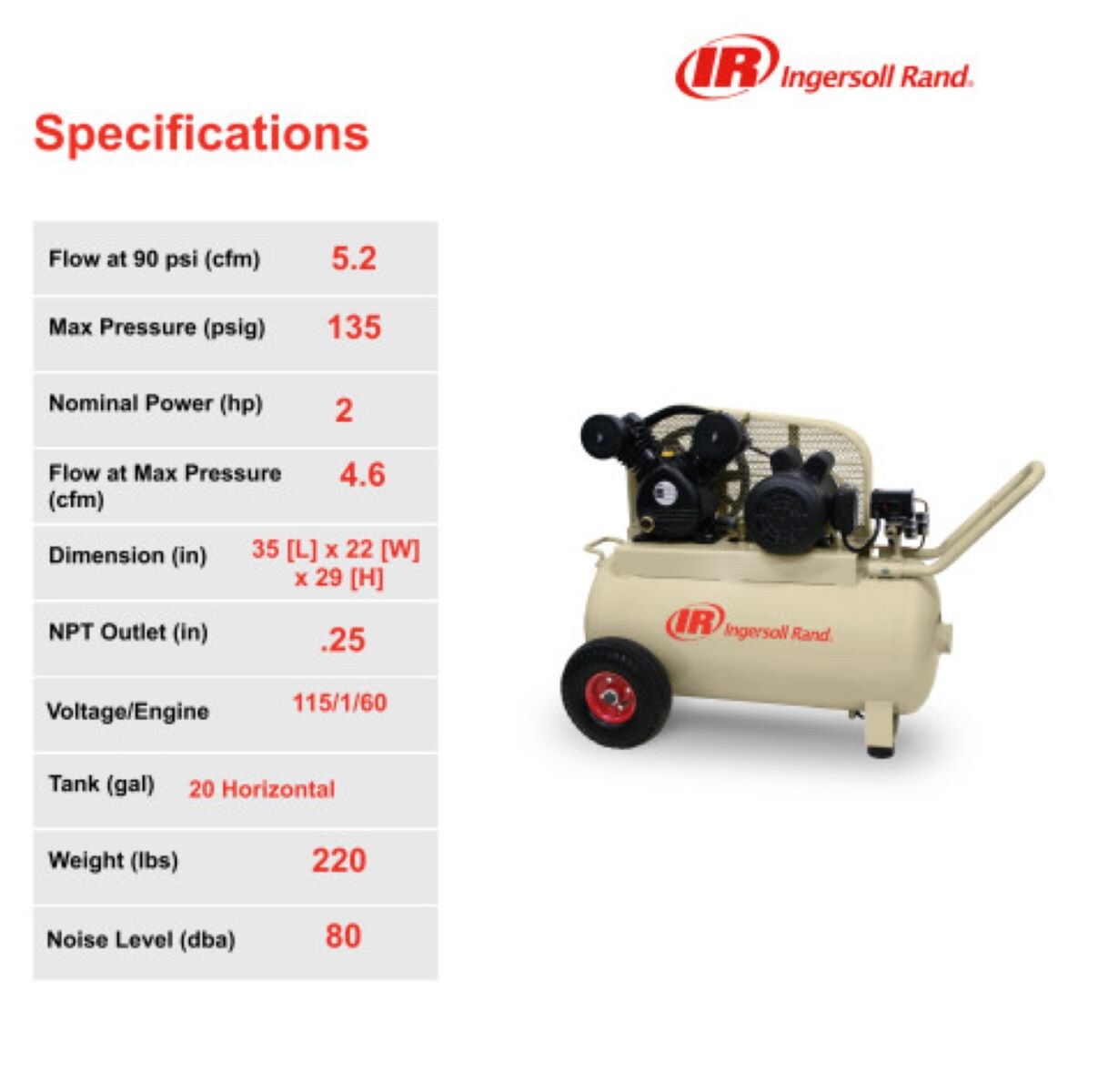 Compresor de aire horizontal portátil eléctrico inalámbrico de 20 galones y 135 PSI de Ingersoll Rand