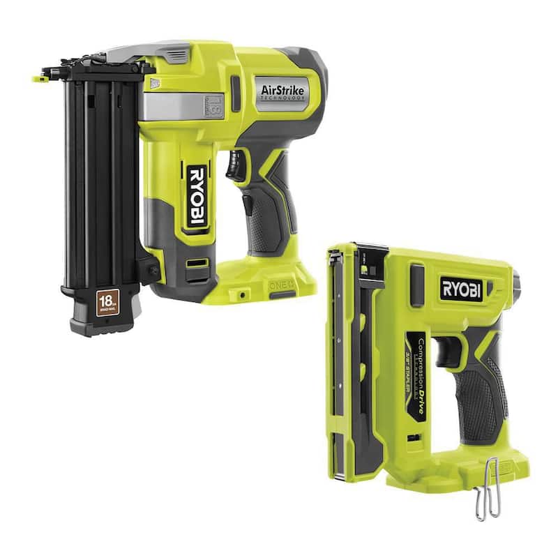Clavadora inalámbrica RYOBI ONE+ 18V calibre 18 con tecnología de Compresión Inalámbrica y Grapadora de Corona de 3/8 pulgadas (Herramientas únicamente) - P321-P317.